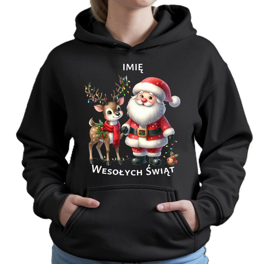 Bluza damska z kapturem świąteczna - Mikołaj z reniferem - personalizowana BN09 - StoryCups.pl