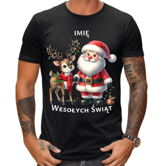 Koszulka męska świąteczna - Mikołaj z reniferem - personalizowana BN09 - StoryCups.pl