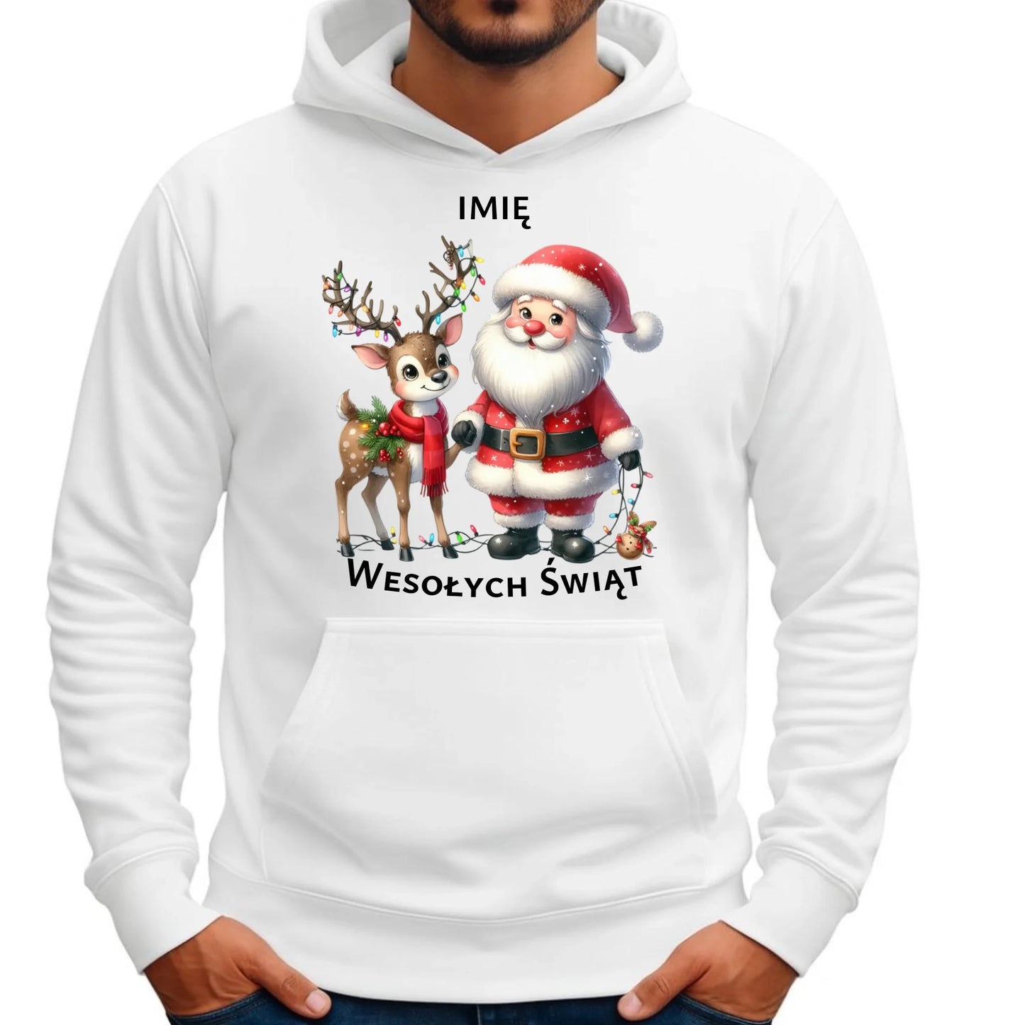 Bluza męska z kapturem świąteczna - Mikołaj z reniferem - personalizowana BN09 - StoryCups.pl