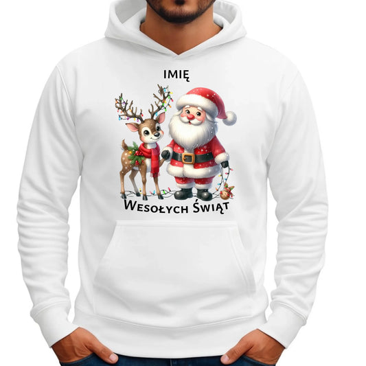 Bluza męska z kapturem świąteczna - Mikołaj z reniferem - personalizowana BN09 - StoryCups.pl