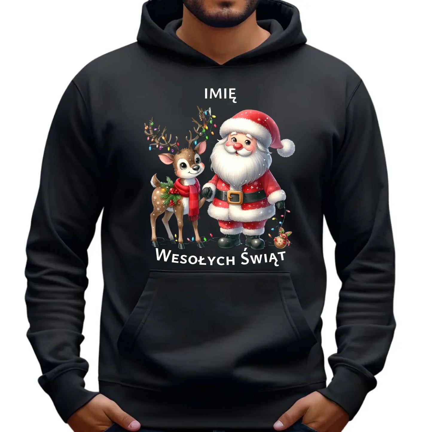Bluza męska z kapturem świąteczna - Mikołaj z reniferem - personalizowana BN09 - StoryCups.pl