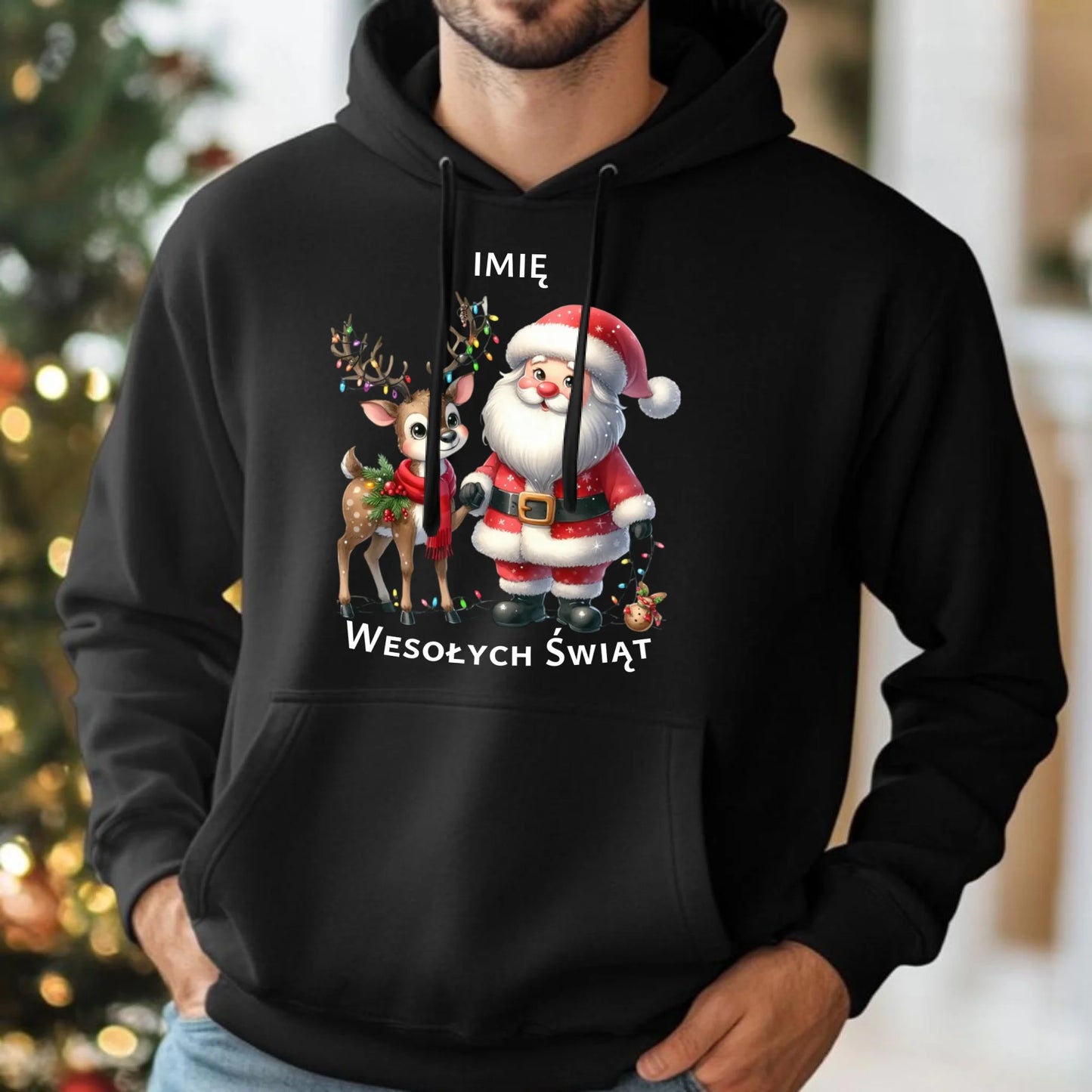 Bluza męska z kapturem świąteczna - Mikołaj z reniferem - personalizowana BN09 - StoryCups.pl