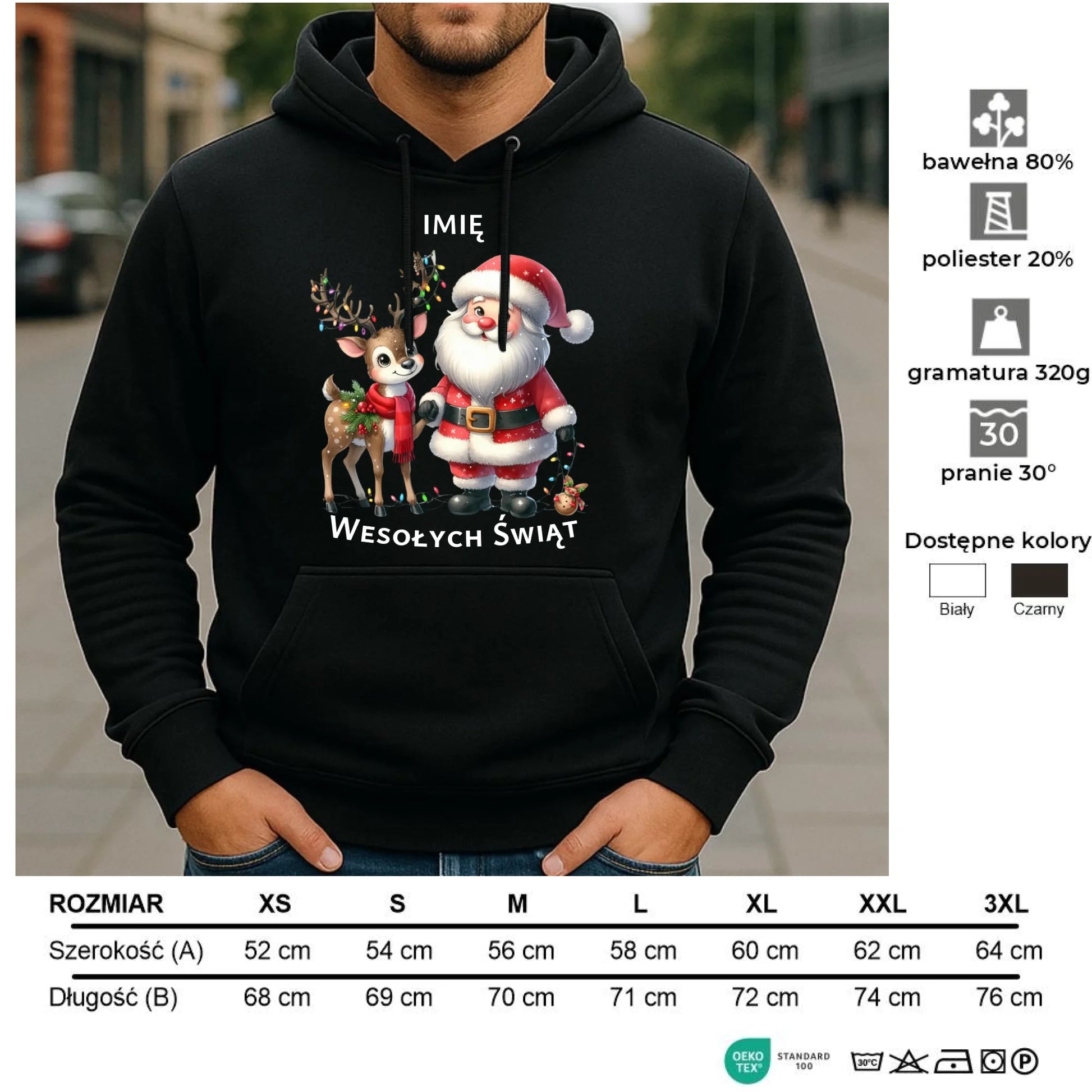 Bluza męska z kapturem świąteczna - Mikołaj z reniferem - personalizowana BN09 - StoryCups.pl