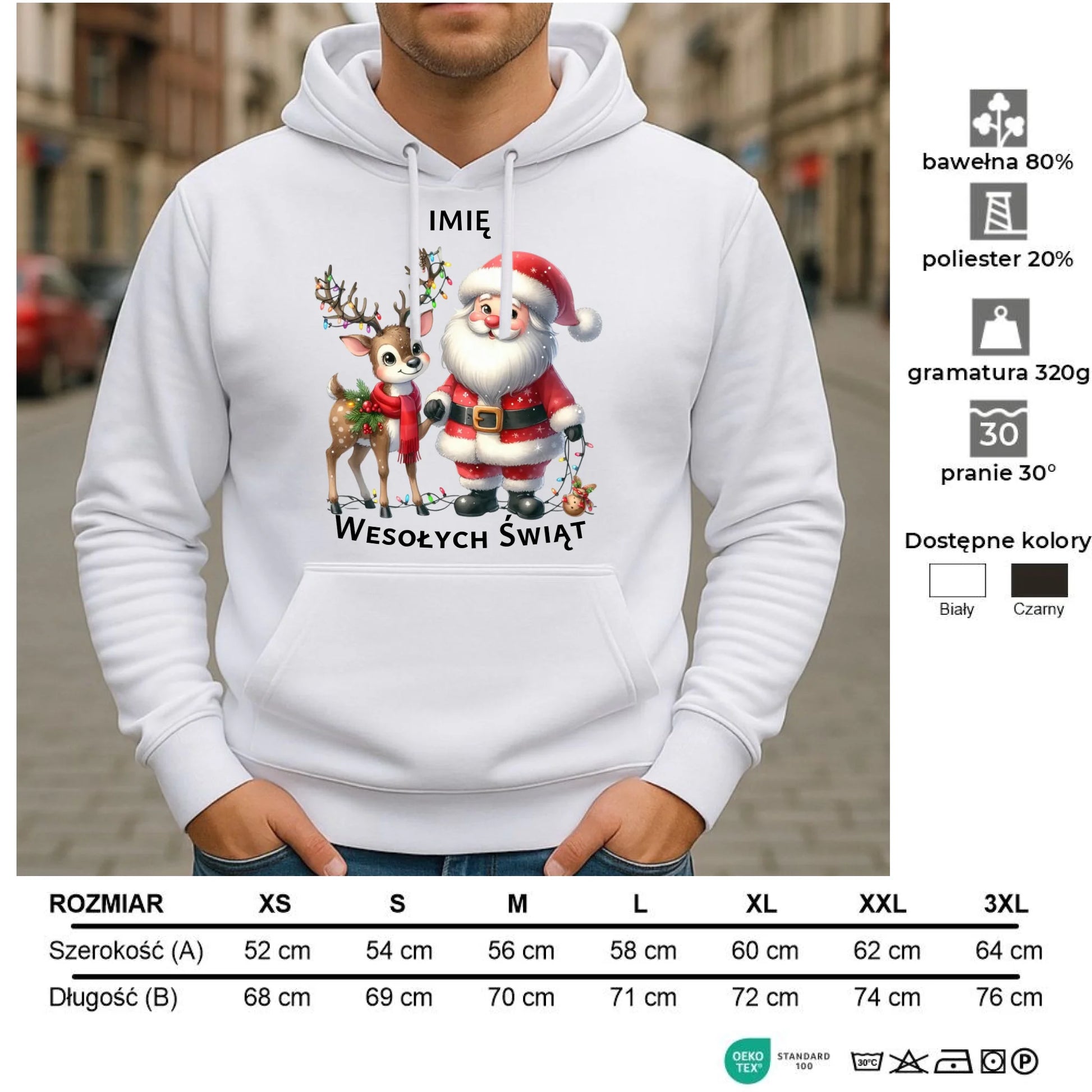 Bluza męska z kapturem świąteczna - Mikołaj z reniferem - personalizowana BN09 - StoryCups.pl