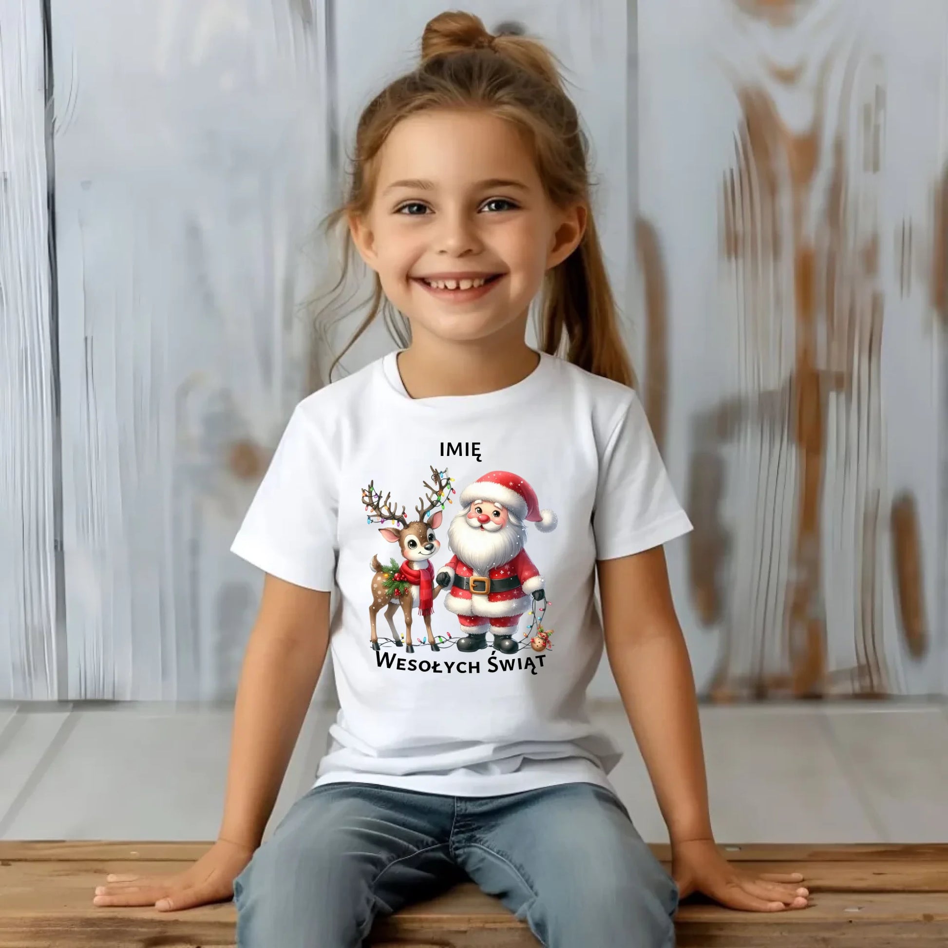 Koszulka dziecięca świąteczna - Mikołaj z reniferem - personalizowana BN09 - StoryCups.pl