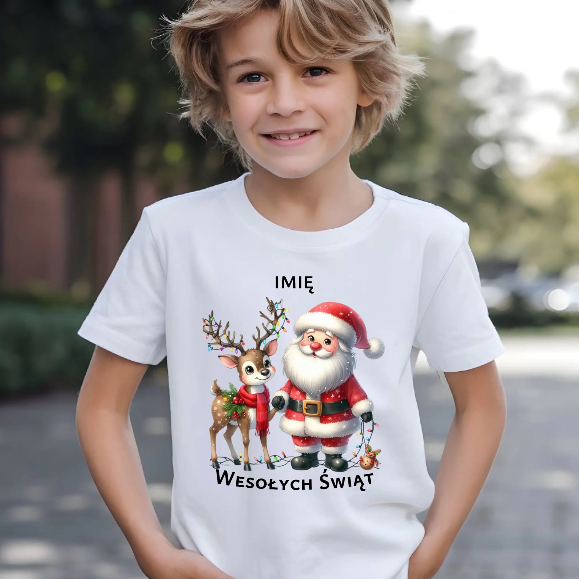 Koszulka dziecięca świąteczna - Mikołaj z reniferem - personalizowana BN09 - StoryCups.pl