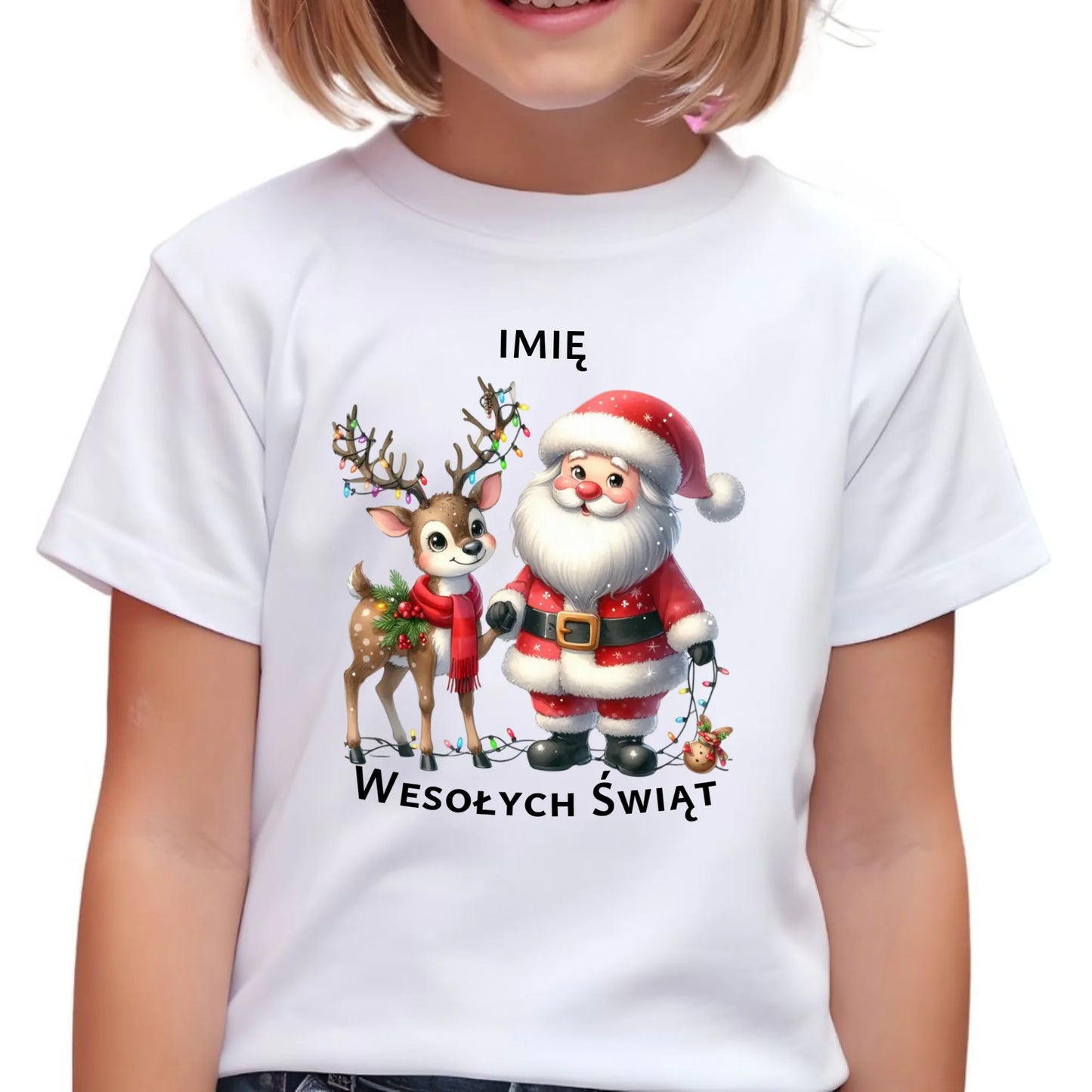 Koszulka dziecięca świąteczna - Mikołaj z reniferem - personalizowana BN09 - StoryCups.pl