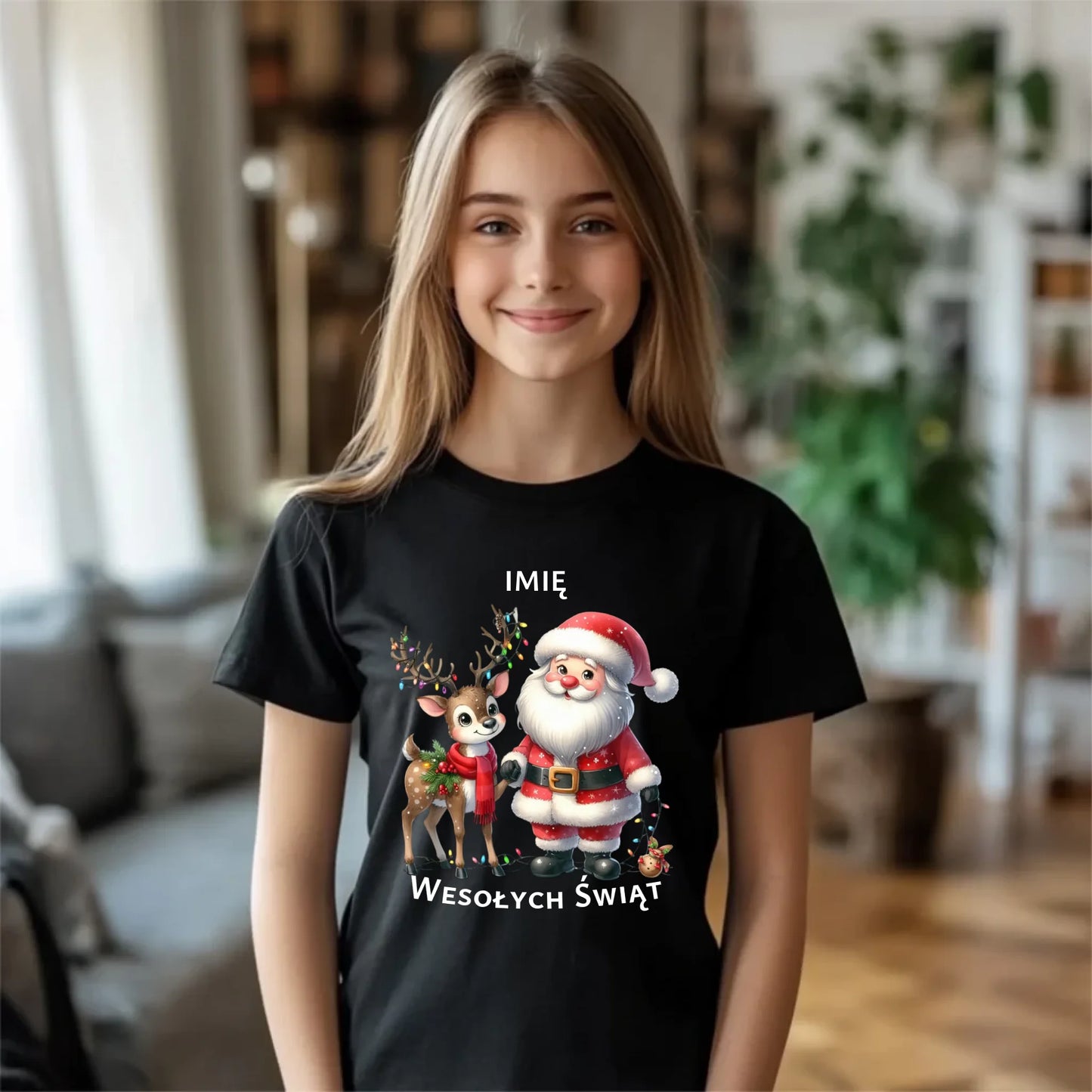 Koszulka dziecięca świąteczna - Mikołaj z reniferem - personalizowana BN09 - StoryCups.pl