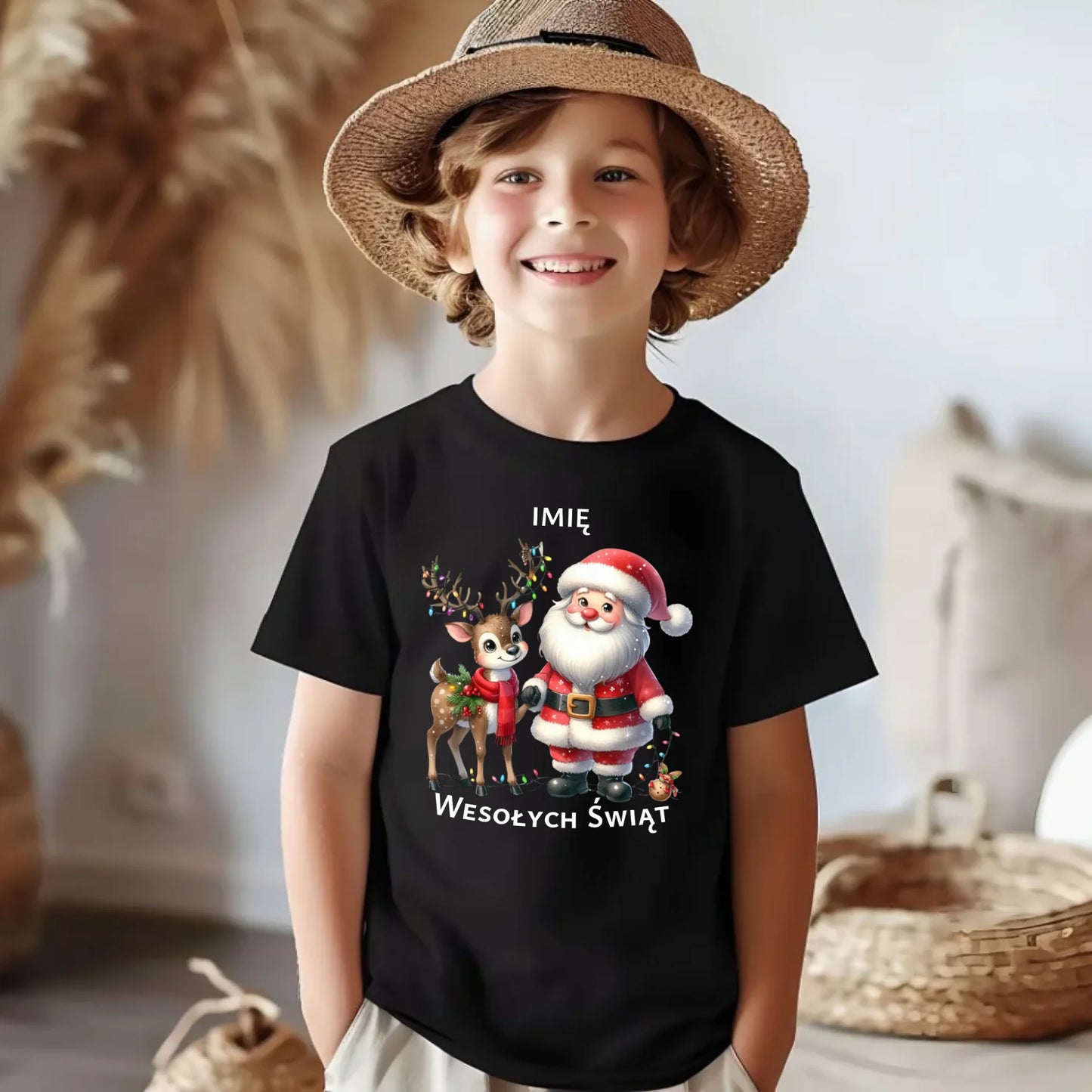 Koszulka dziecięca świąteczna - Mikołaj z reniferem - personalizowana BN09 - StoryCups.pl
