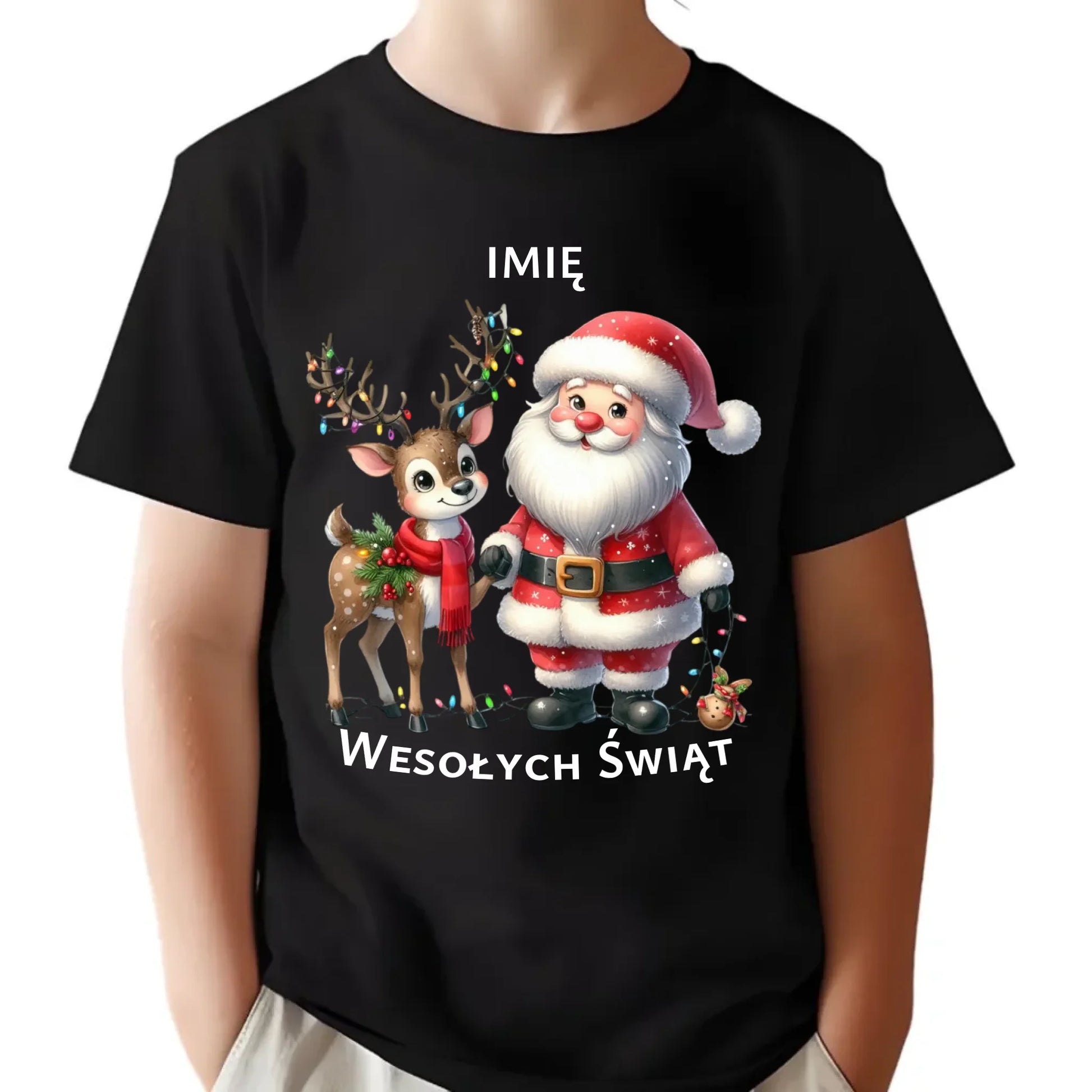 Koszulka dziecięca świąteczna - Mikołaj z reniferem - personalizowana BN09 - StoryCups.pl