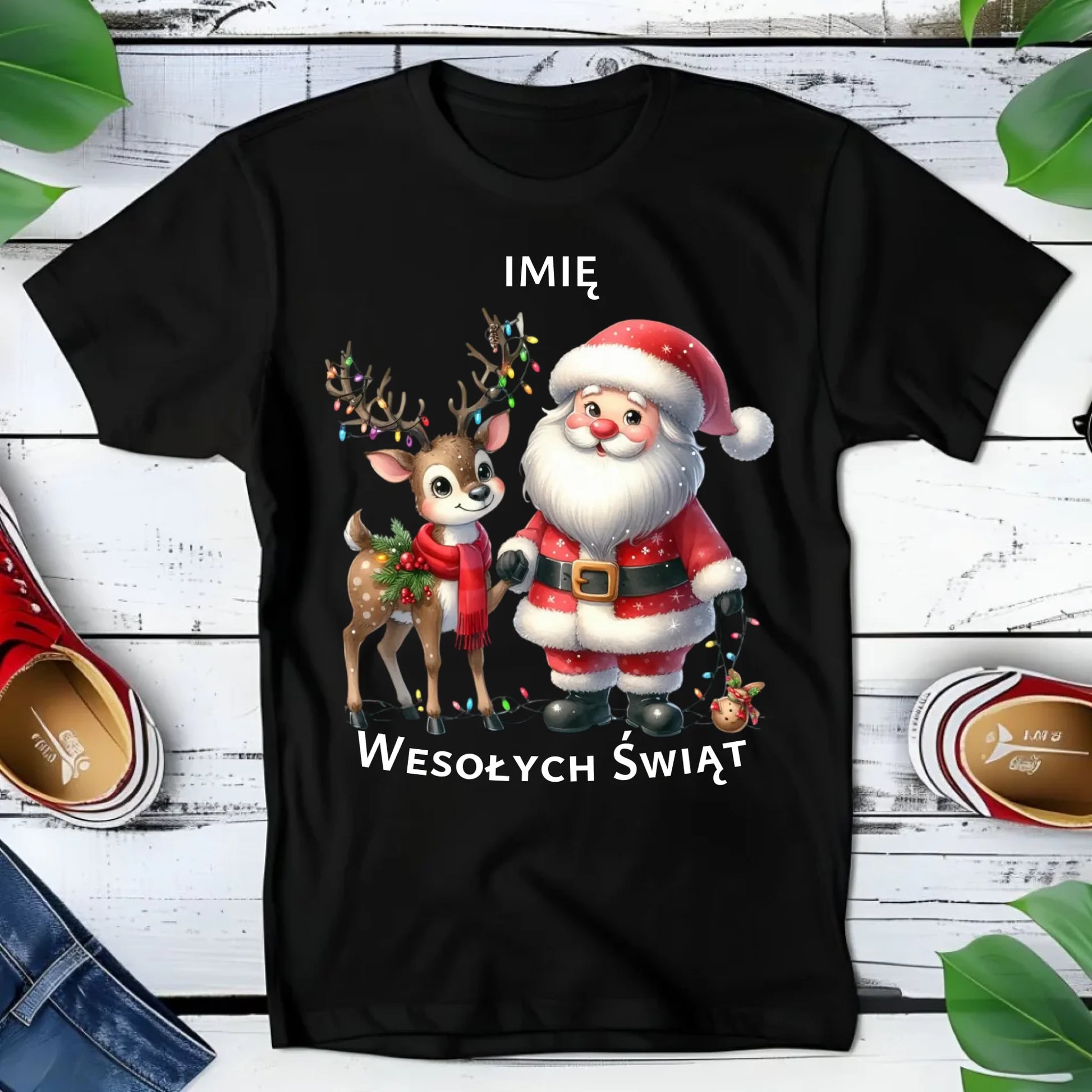 Koszulka dziecięca świąteczna - Mikołaj z reniferem - personalizowana BN09 - StoryCups.pl
