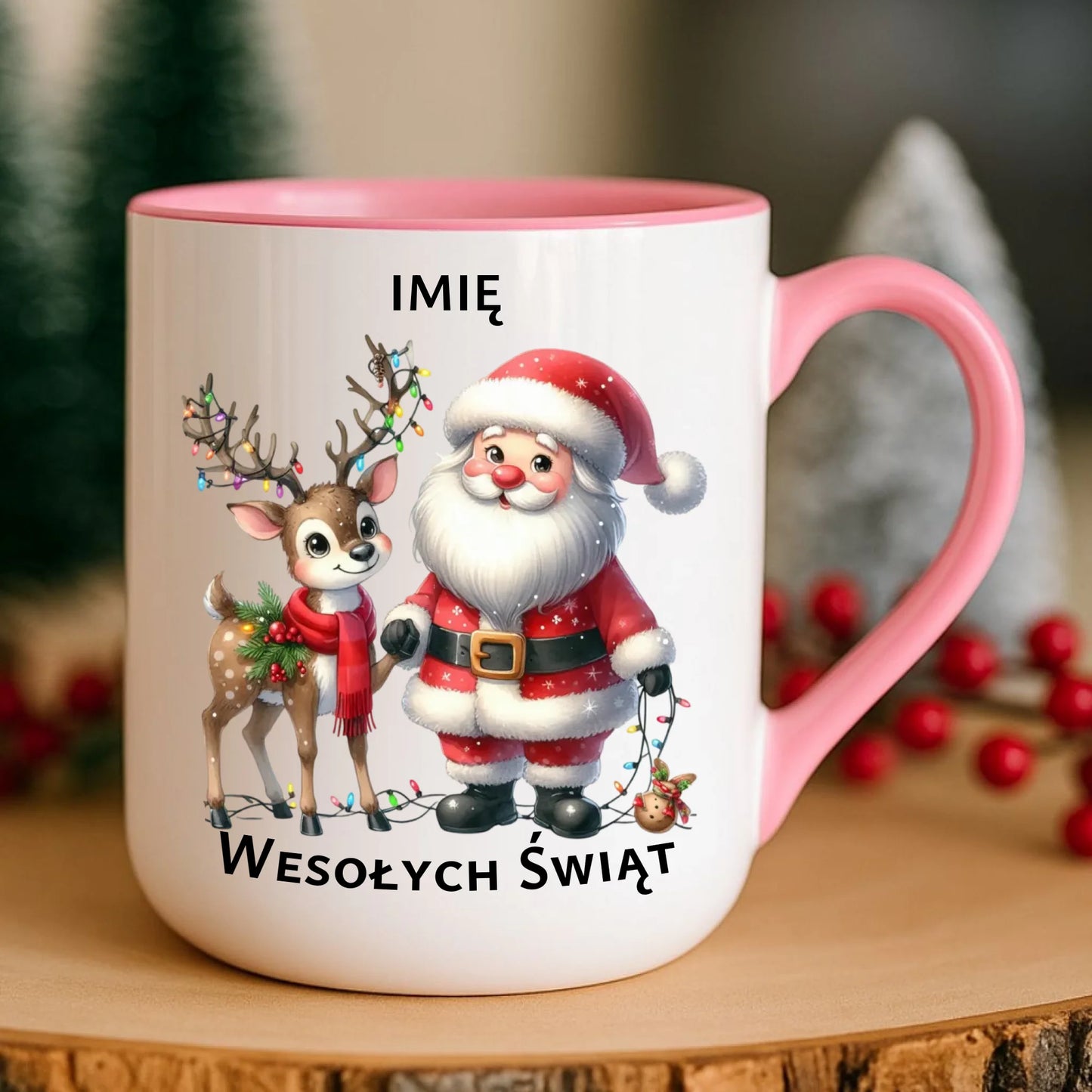 Kubek elegant świąteczny - Mikołaj z reniferem - personalizowany BN09 - StoryCups.pl