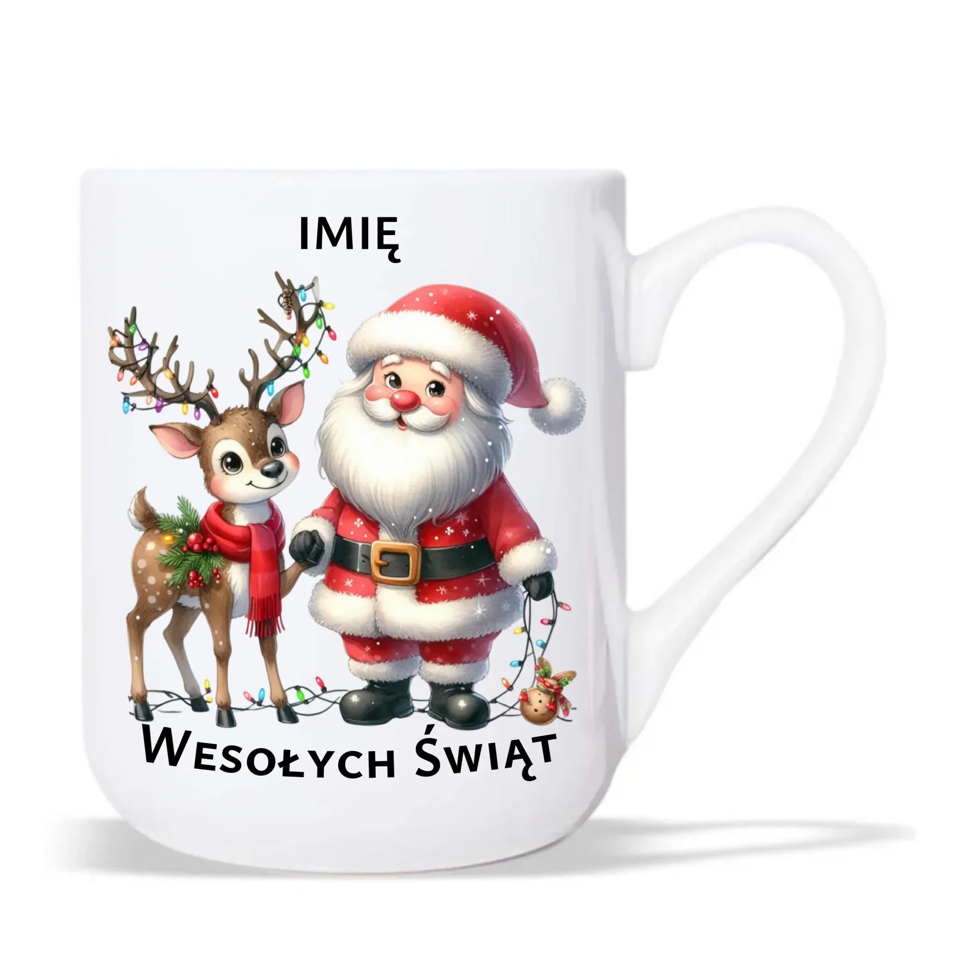 Kubek elegant świąteczny - Mikołaj z reniferem - personalizowany BN09 - StoryCups.pl
