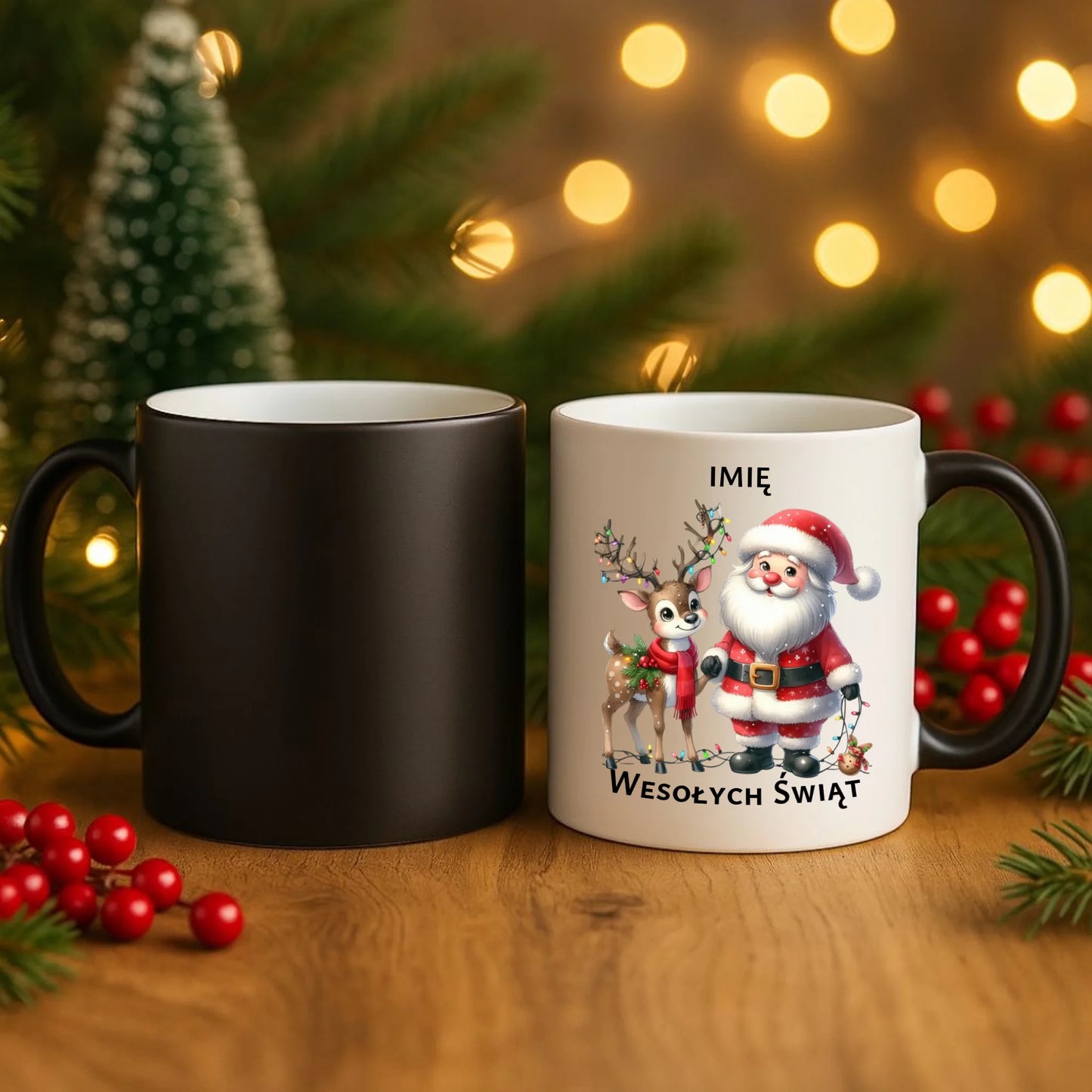 Kubek magiczny świąteczny - Mikołaj z reniferem - personalizowany BN09 - StoryCups.pl