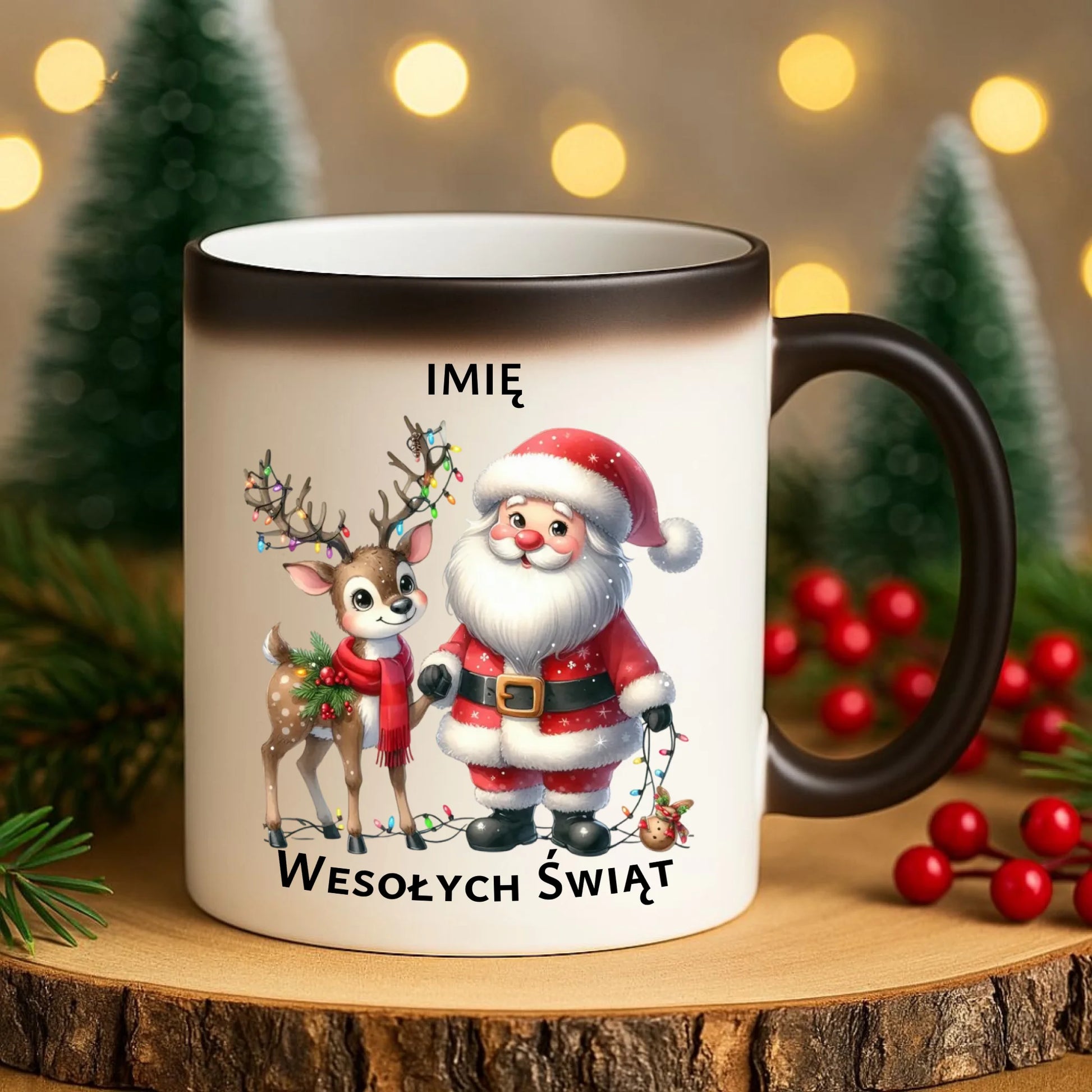 Kubek magiczny świąteczny - Mikołaj z reniferem - personalizowany BN09 - StoryCups.pl