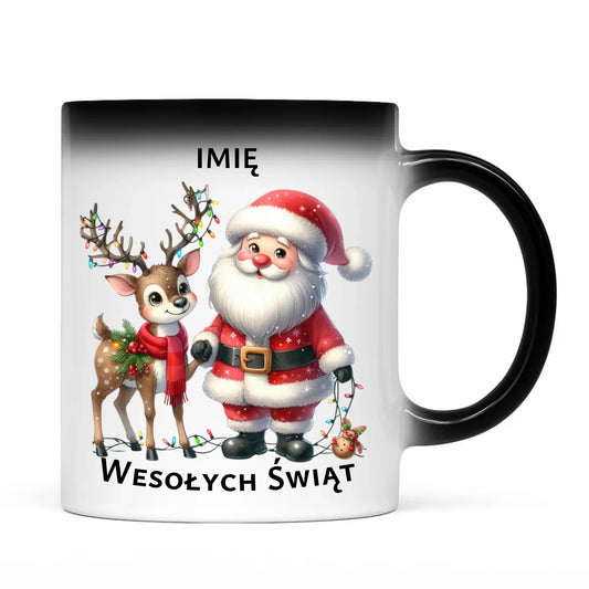 Kubek magiczny świąteczny - Mikołaj z reniferem - personalizowany BN09 - StoryCups.pl