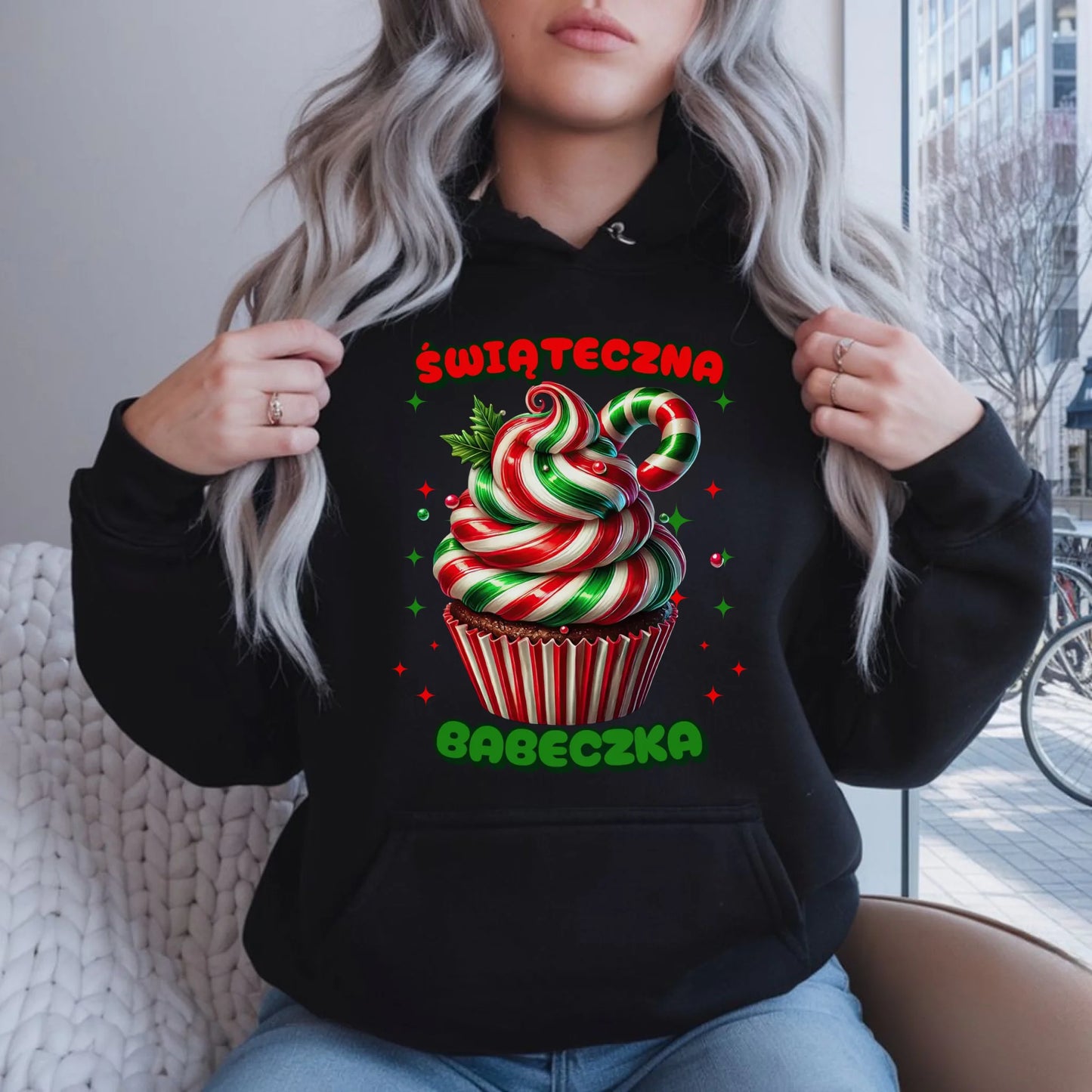 Bluza damska z kapturem świąteczna - prezent dla niej na święta Świąteczna babeczka BN155 - StoryCups.pl