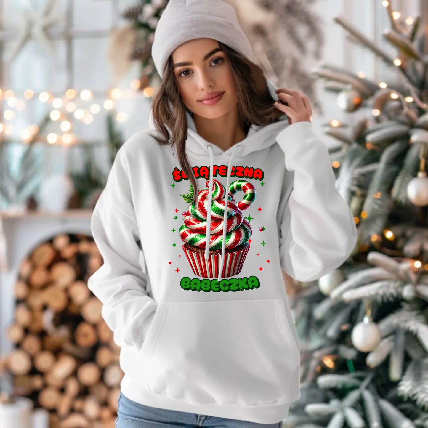 Bluza damska z kapturem świąteczna - prezent dla niej na święta Świąteczna babeczka BN155 - StoryCups.pl