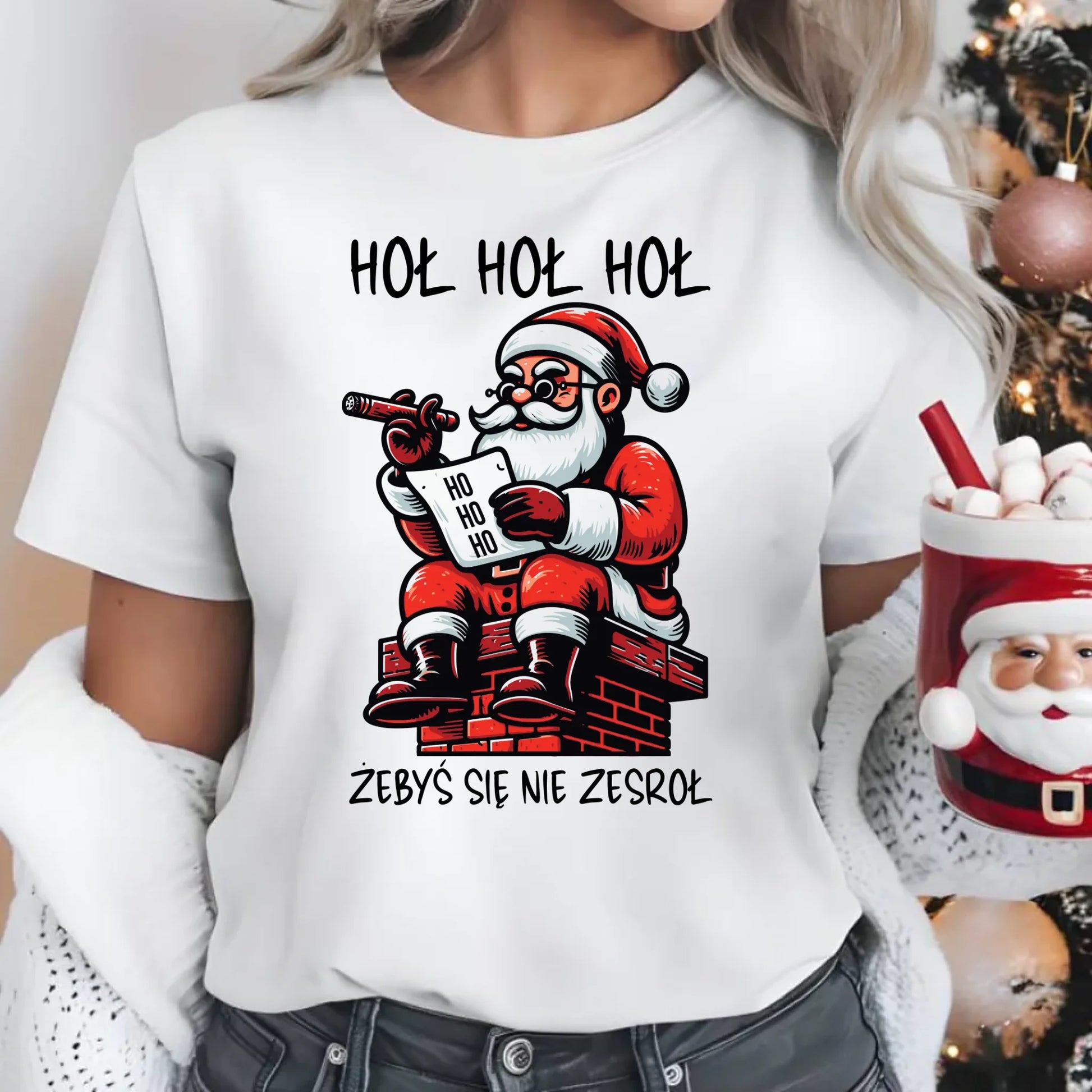 Koszulka damska świąteczna - Śmieszny prezent na Mikołaja - Hoł hoł hoł żebyś się nie zesroł BN156 - StoryCups.pl