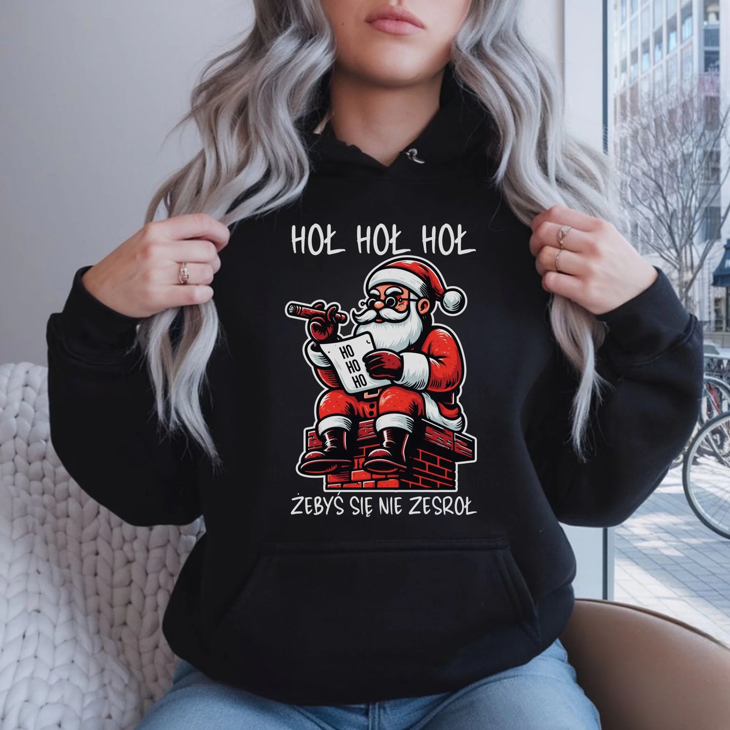 Bluza damska z kapturem świąteczna - Śmieszny prezent na Mikołaja - Hoł hoł hoł żebyś się nie zesroł BN156 - StoryCups.pl