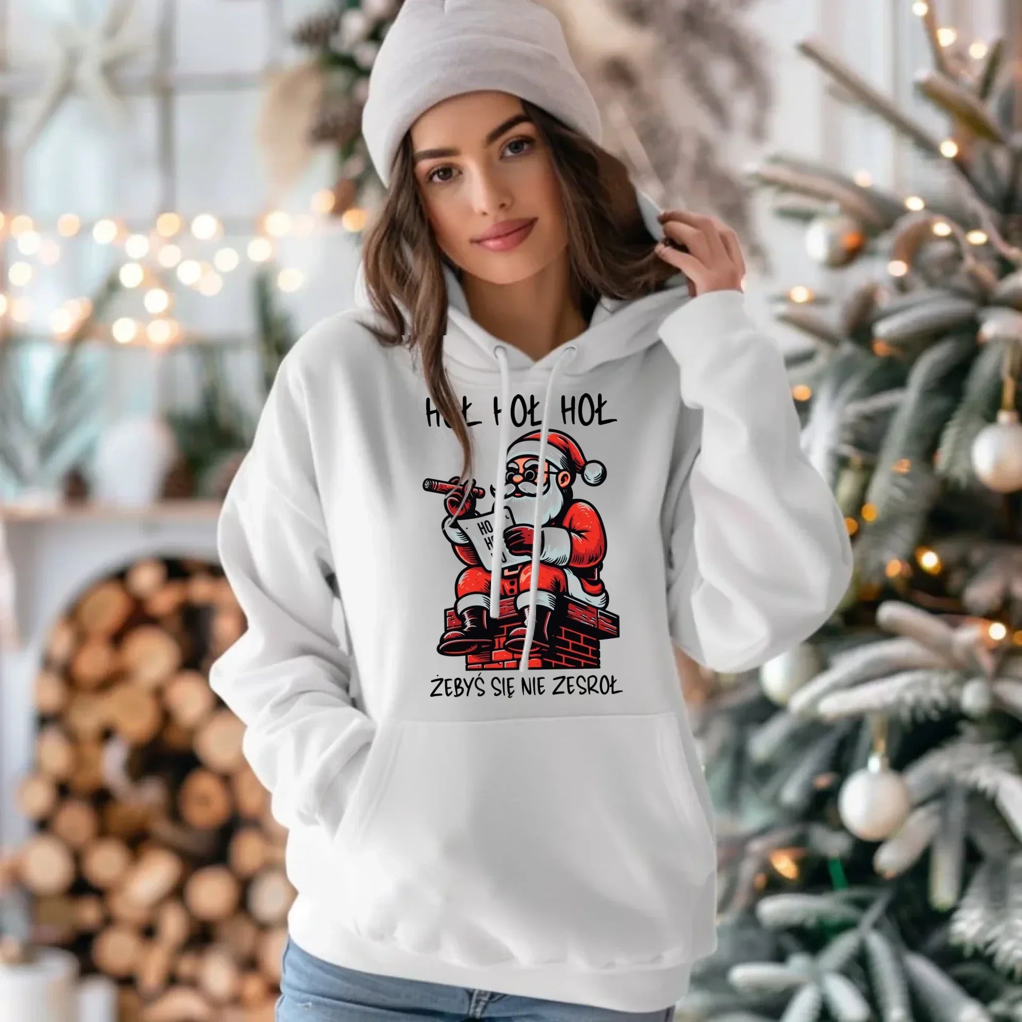 Bluza damska z kapturem świąteczna - Śmieszny prezent na Mikołaja - Hoł hoł hoł żebyś się nie zesroł BN156 - StoryCups.pl