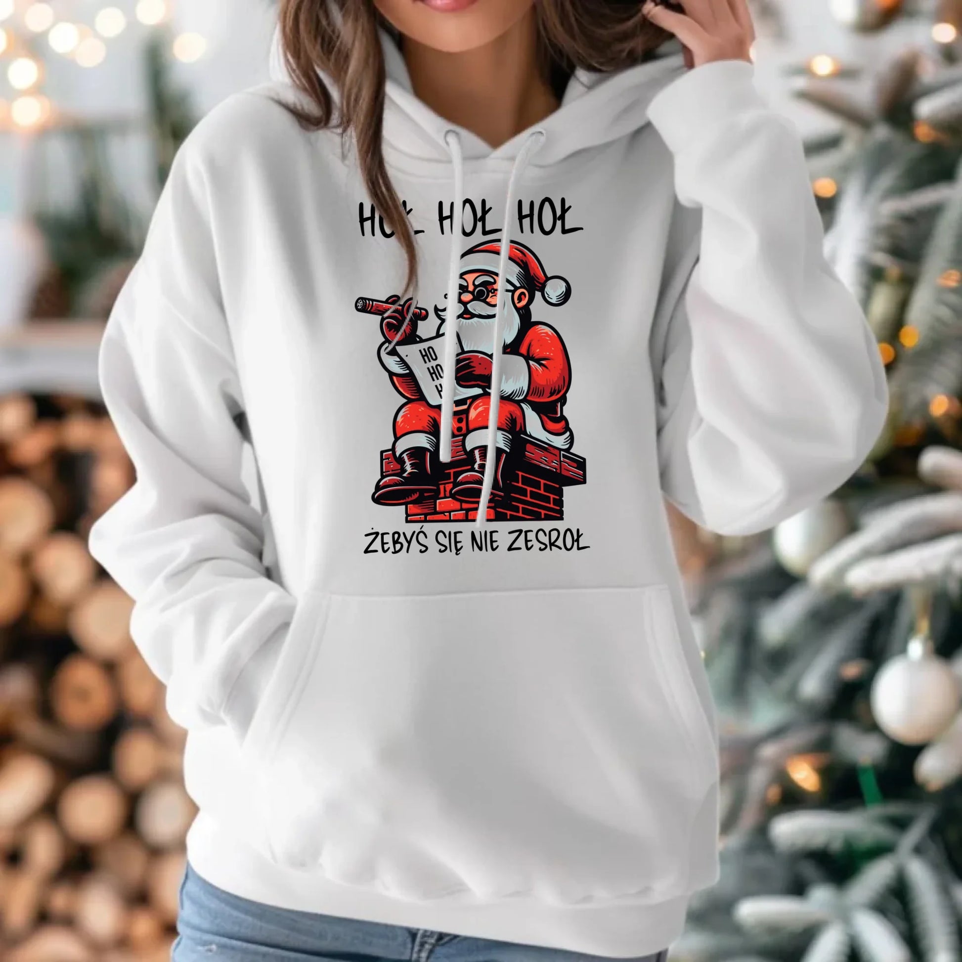 Bluza damska z kapturem świąteczna - Śmieszny prezent na Mikołaja - Hoł hoł hoł żebyś się nie zesroł BN156 - StoryCups.pl