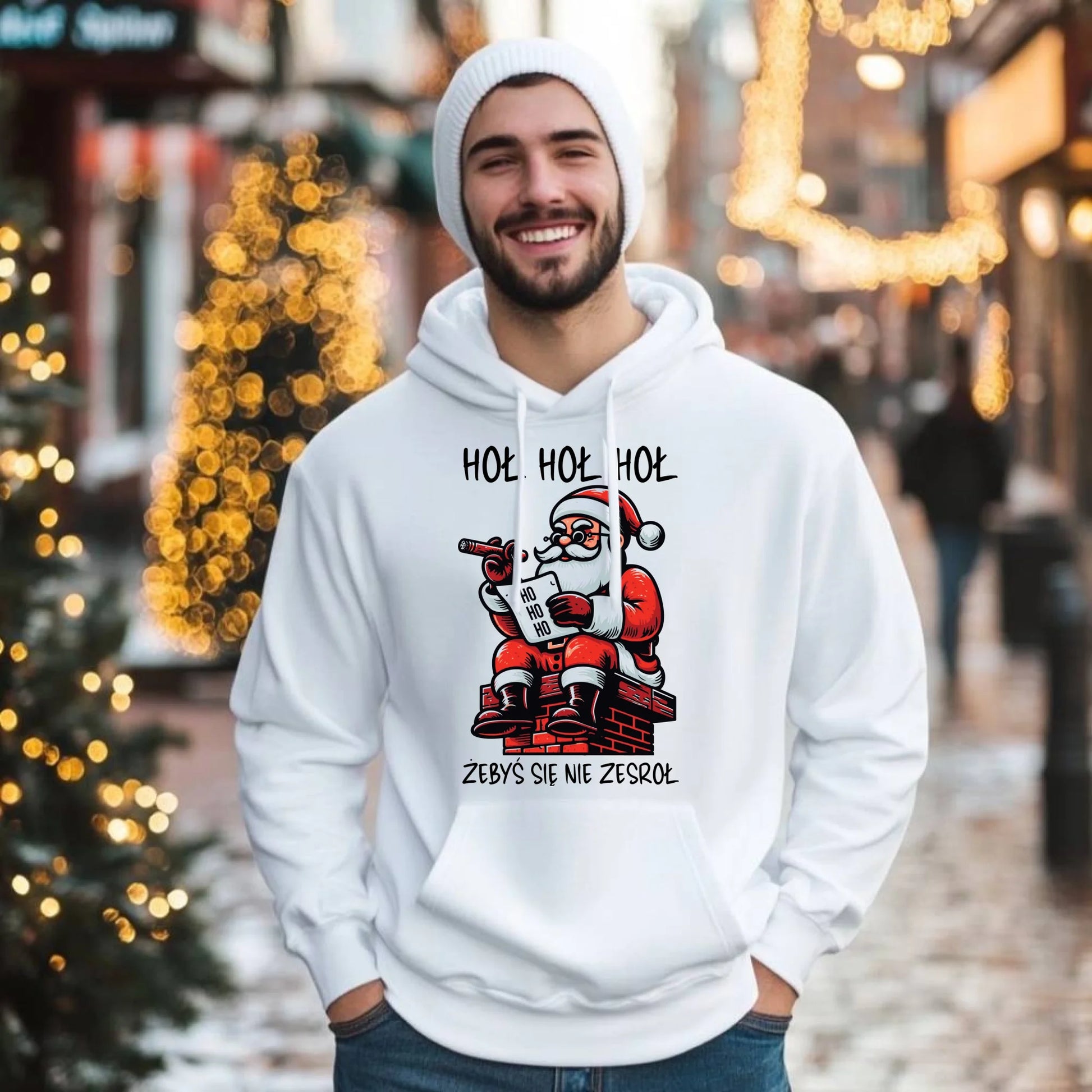 Bluza męska z kapturem świąteczna - Śmieszny prezent na Mikołaja - Hoł hoł hoł żebyś się nie zesroł BN156 - StoryCups.pl