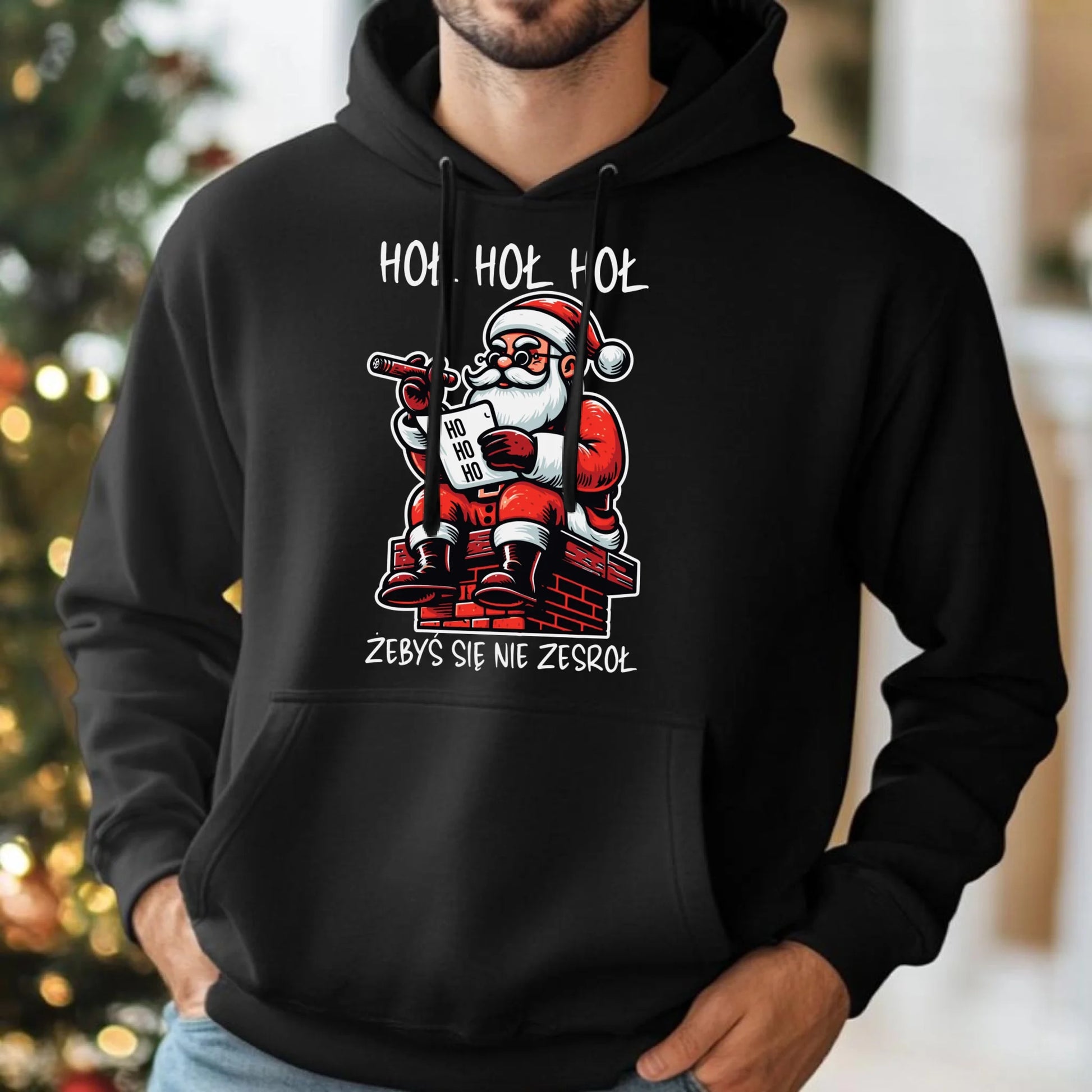 Bluza męska z kapturem świąteczna - Śmieszny prezent na Mikołaja - Hoł hoł hoł żebyś się nie zesroł BN156 - StoryCups.pl