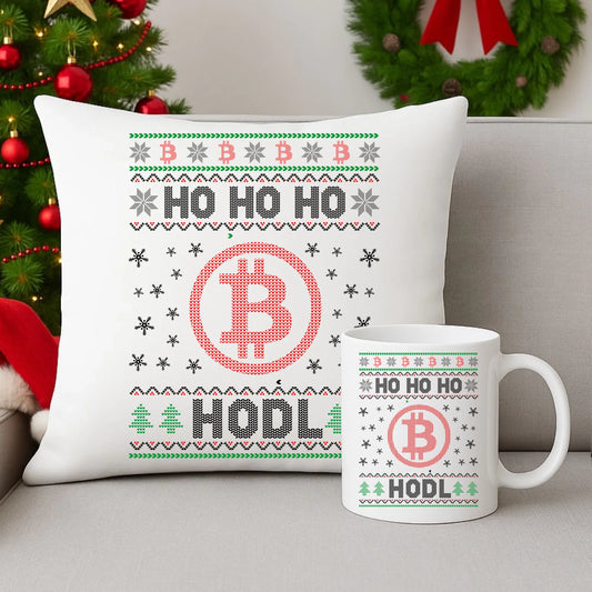 Zestaw poduszka i kubek świąteczny - Bitcoin - Ho Ho hodl BN103 - StoryCups.pl