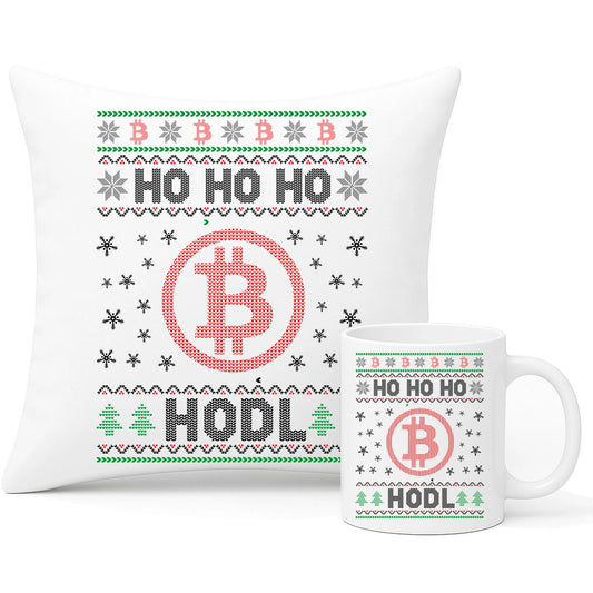 Zestaw poduszka i kubek świąteczny - Bitcoin - Ho Ho hodl BN103 - StoryCups.pl