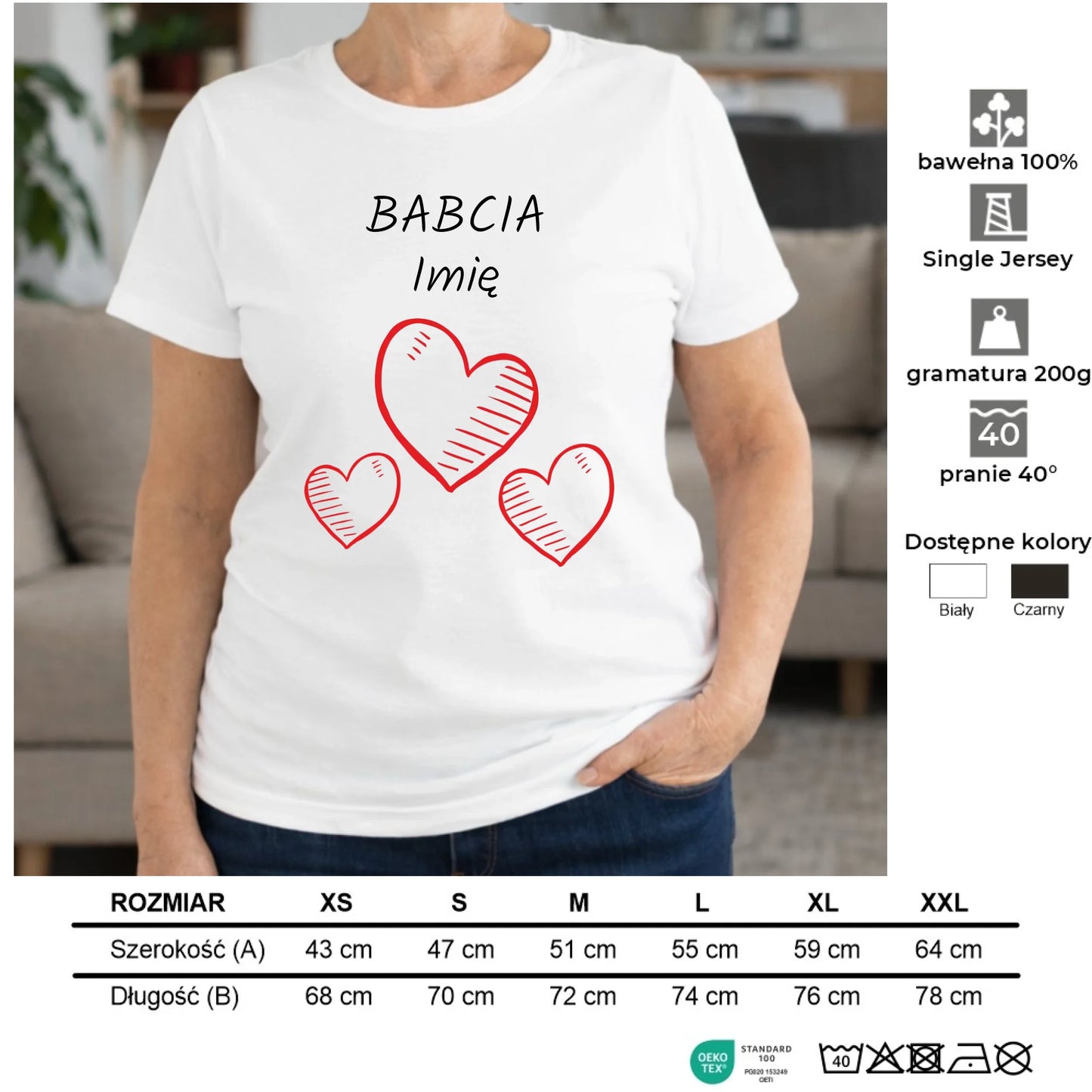 Koszulka dla babci - Serca - personalizowana B01 - StoryCups.pl