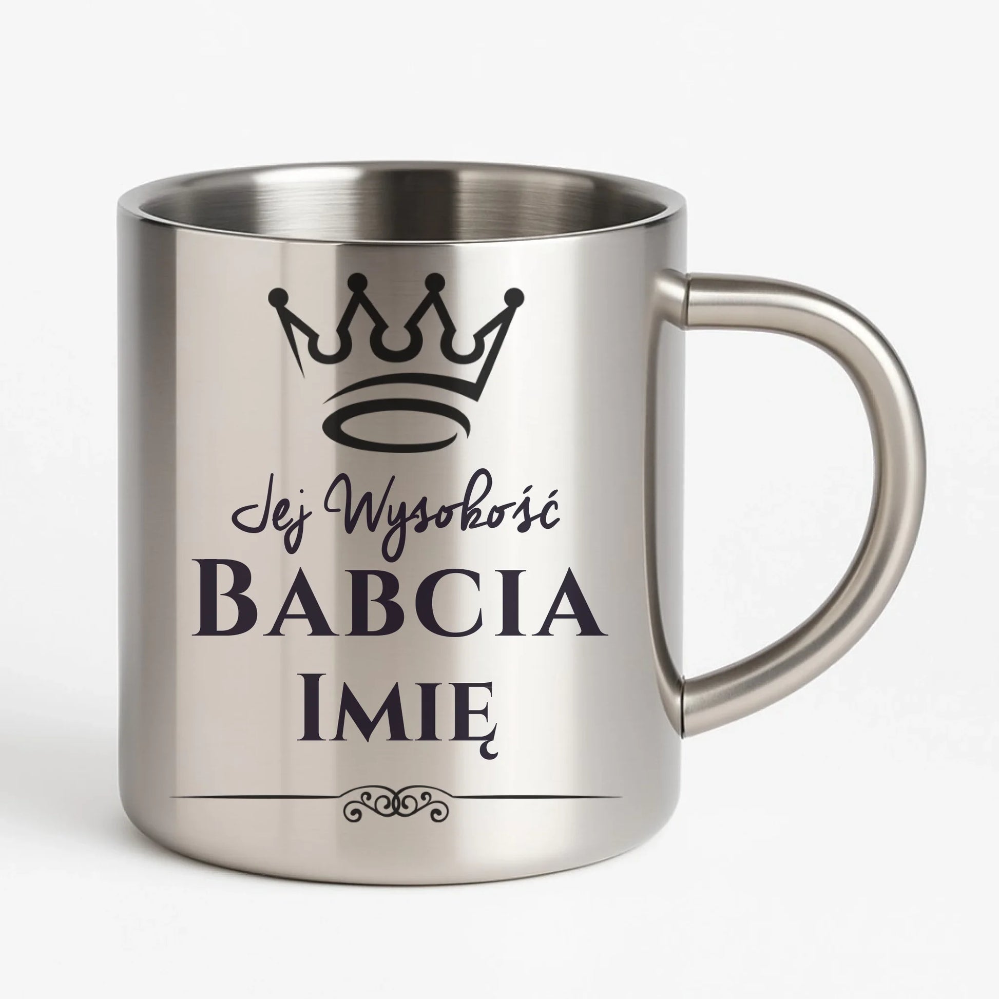 Kubek metalowy dla babci - Jej Wysokość Babcia - personalizowany B11 - StoryCups.pl