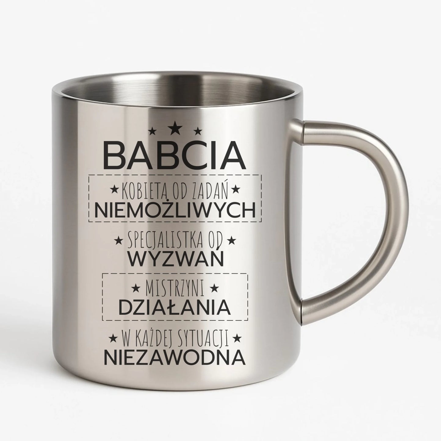 Kubek metalowy dla babci - Babcia kobieta od zadań niemożliwych B30 - StoryCups.pl