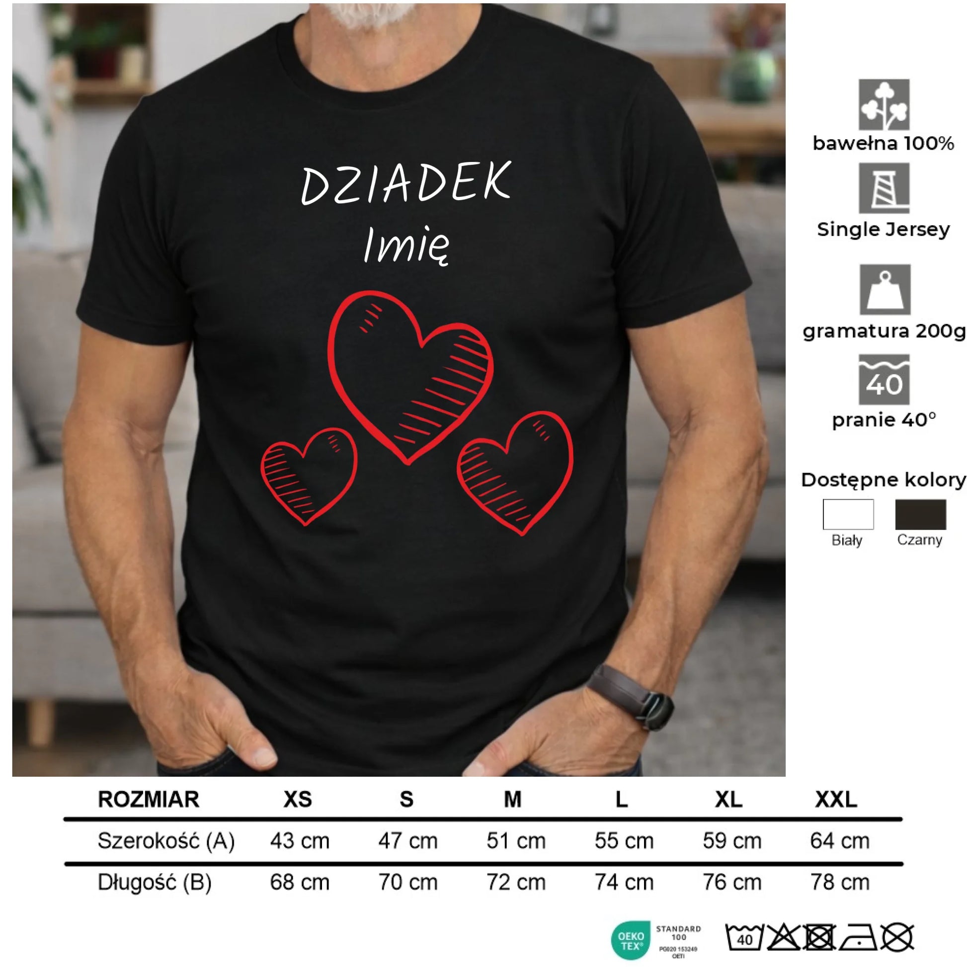 Koszulka dla dziadka - Serca - personalizowana D01 - StoryCups.pl