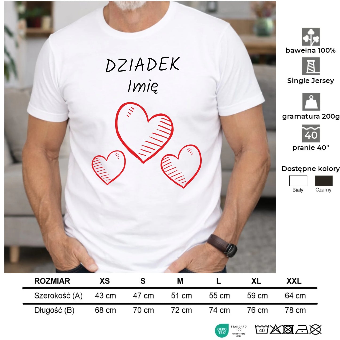 Koszulka dla dziadka - Serca - personalizowana D01 - StoryCups.pl
