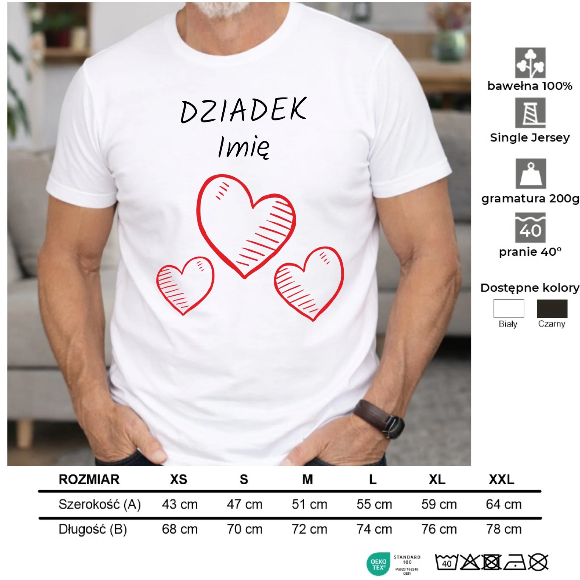 Koszulka dla dziadka - Serca - personalizowana D01 - StoryCups.pl