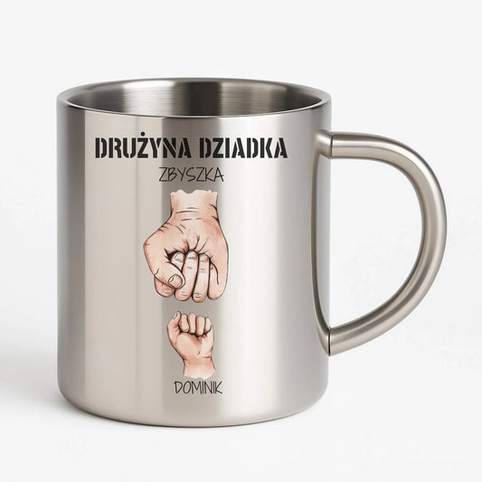 Kubek metalowy dla dziadka - Drużyna dziadka 1-6 imion wnuków - personalizowany D07 - StoryCups.pl
