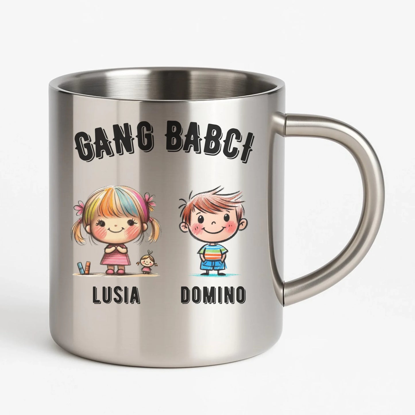 Kubek metalowy dla babci - Gang Babci imiona wnuków 2-6 - personalizowany B18 - StoryCups.pl