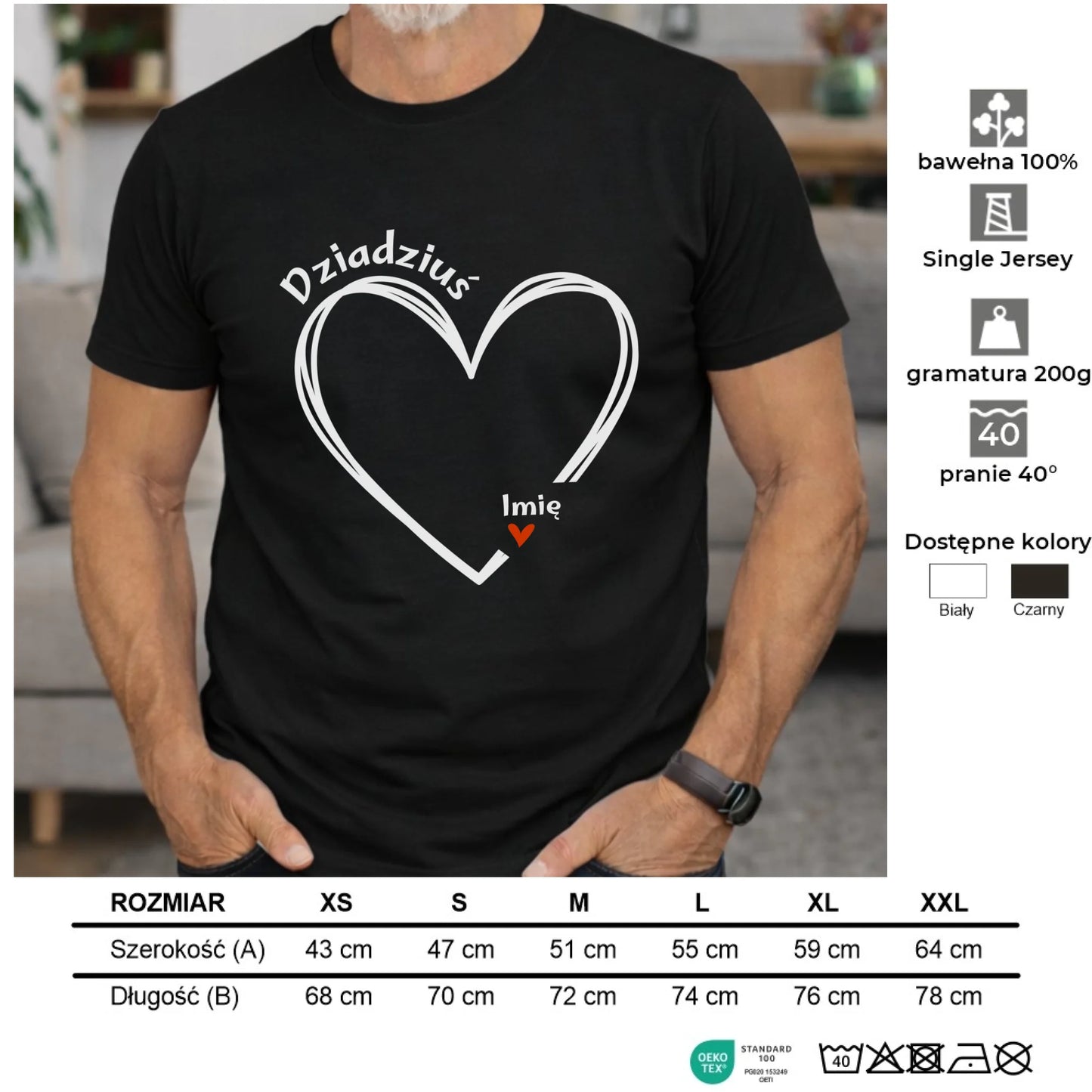 Koszulka dla dziadka - Serce z imionami wnuków 1-7 - personalizowana D26 - StoryCups.pl