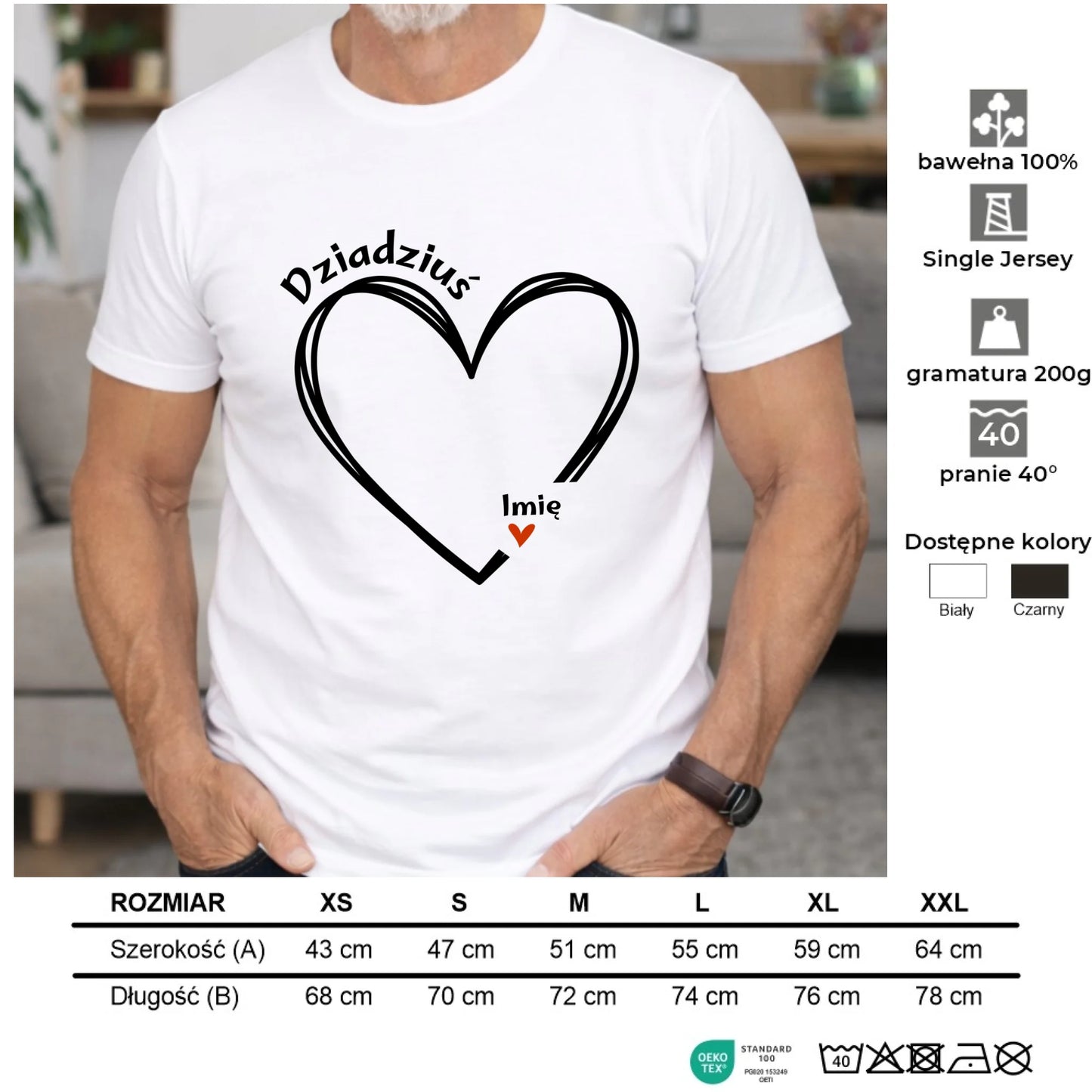 Koszulka dla dziadka - Serce z imionami wnuków 1-7 - personalizowana D26 - StoryCups.pl