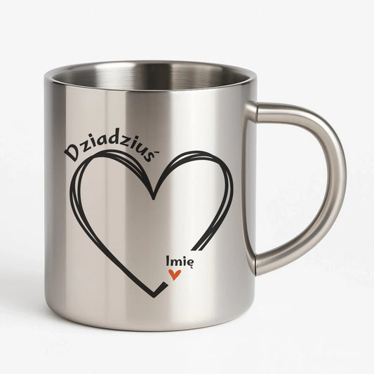 Kubek metalowy dla dziadka - Serce z imionami wnuków 1-7 - personalizowany D26 - StoryCups.pl
