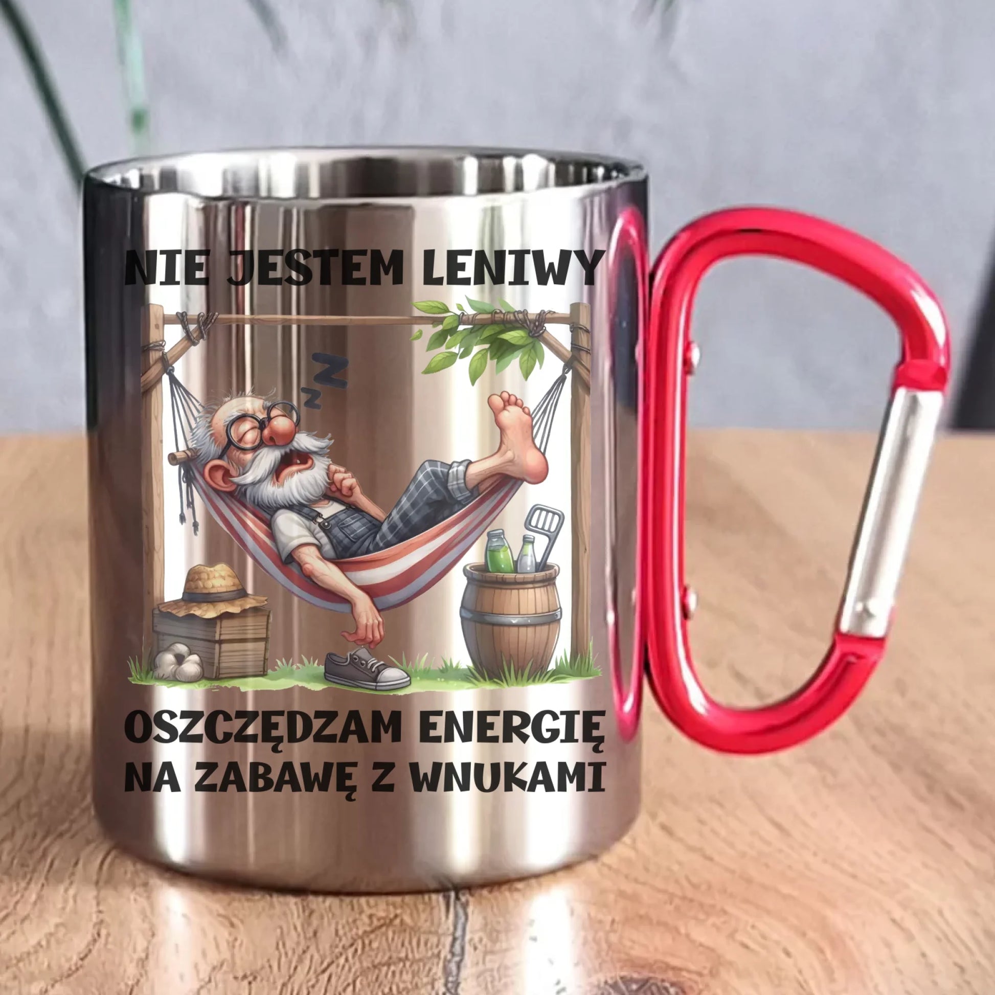 Kubek metalowy dla dziadka - Nie jestem leniwy oszczędzam energię D39 - StoryCups.pl