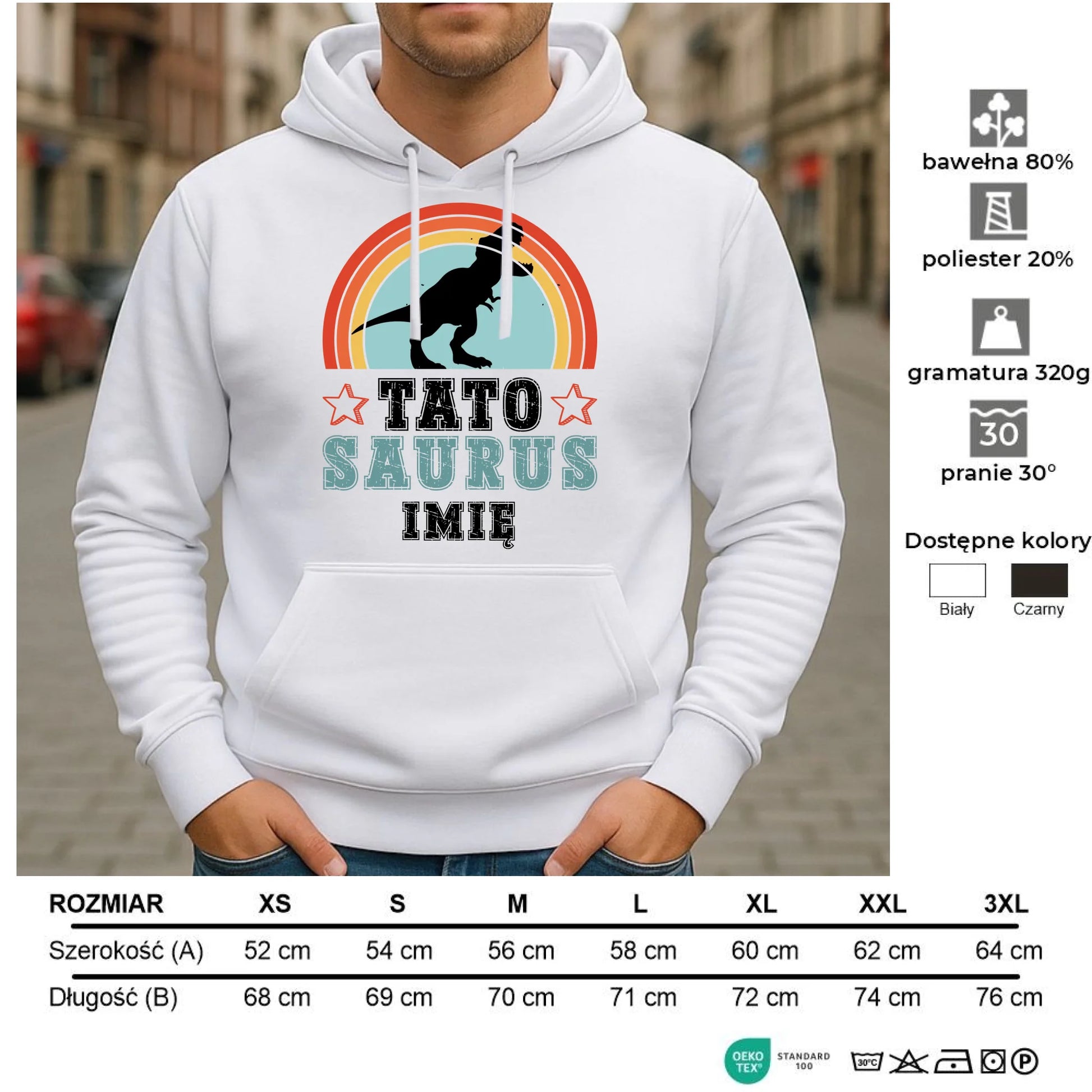 Bluza męska z kapturem dla taty - Tato Saurus - personalizowana DT03 - StoryCups.pl