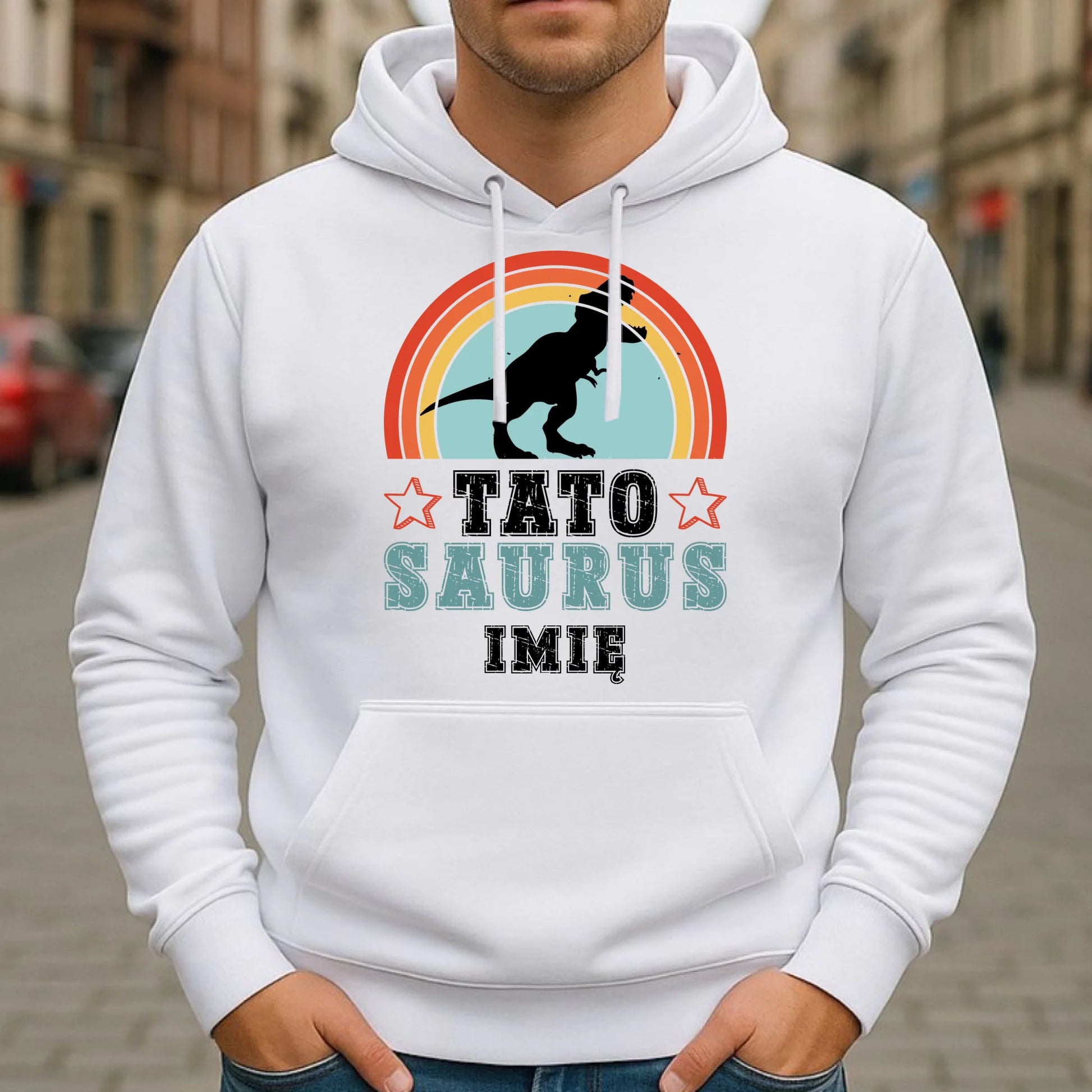 Bluza męska z kapturem dla taty - Tato Saurus - personalizowana DT03 - StoryCups.pl