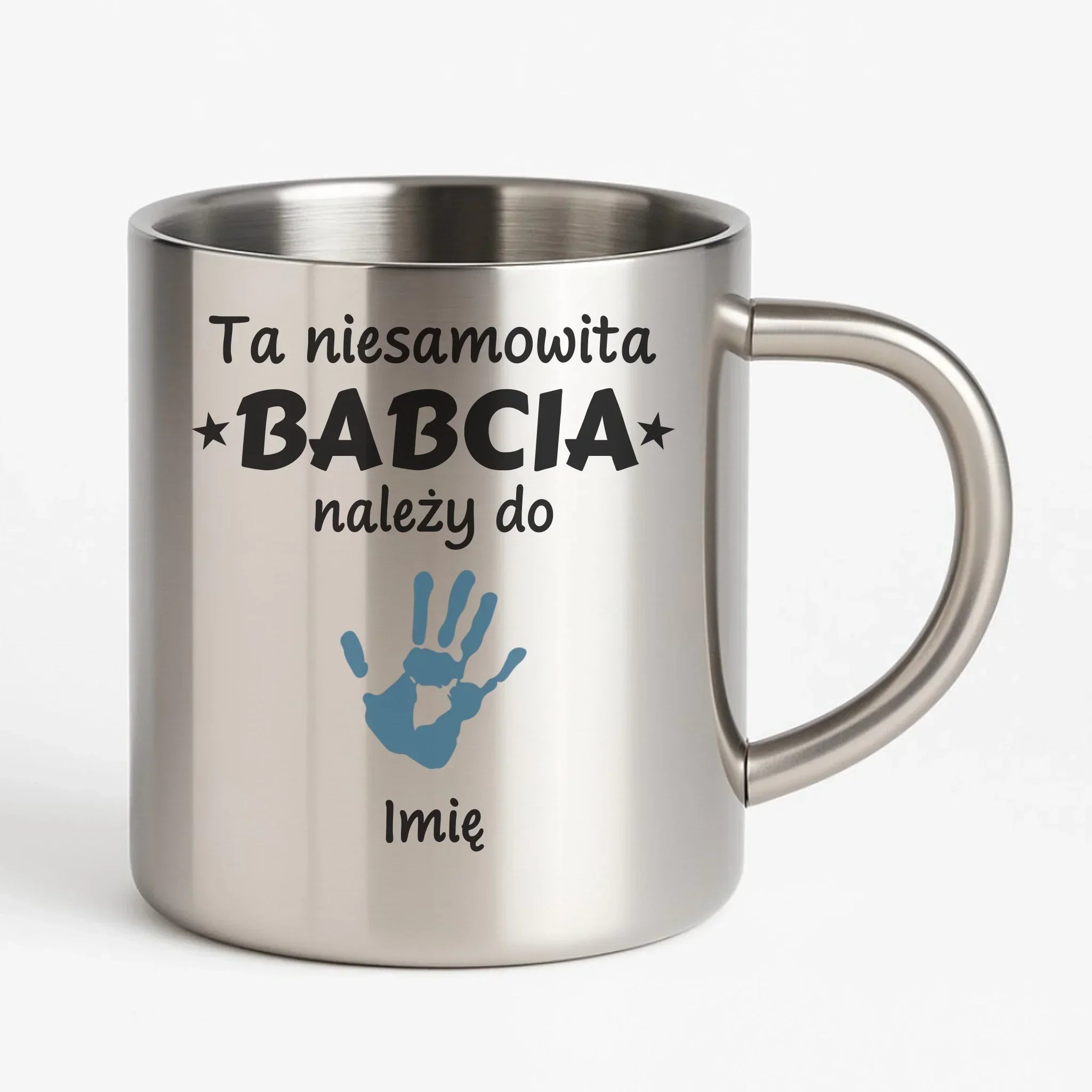 Kubek metalowy dla babci - Babcia należy do wnuków 1–6 imion – personalizowany B33 - StoryCups.pl