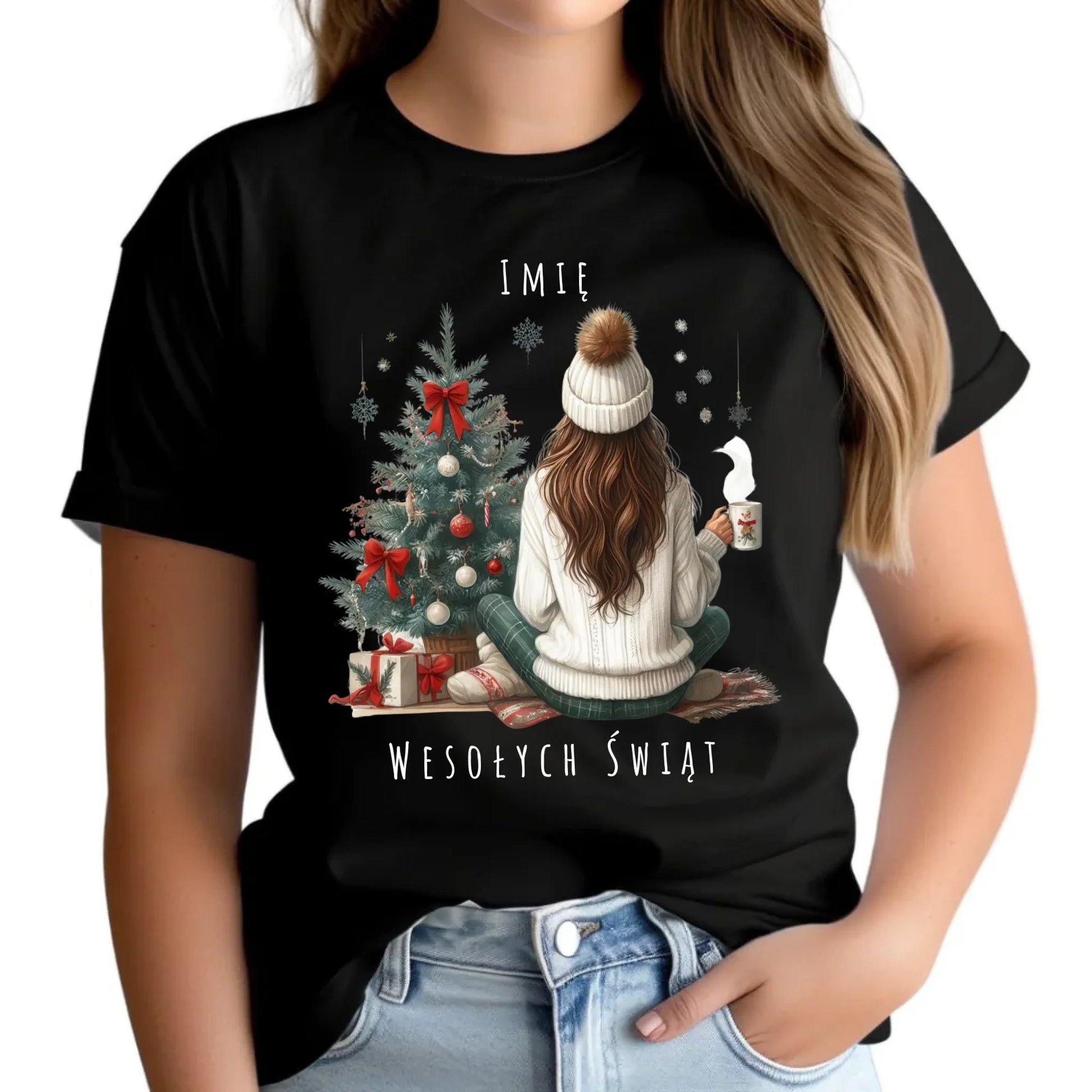 Koszulka damska świąteczna - Dziewczyna przy choince - personalizowana BN15 - StoryCups.pl