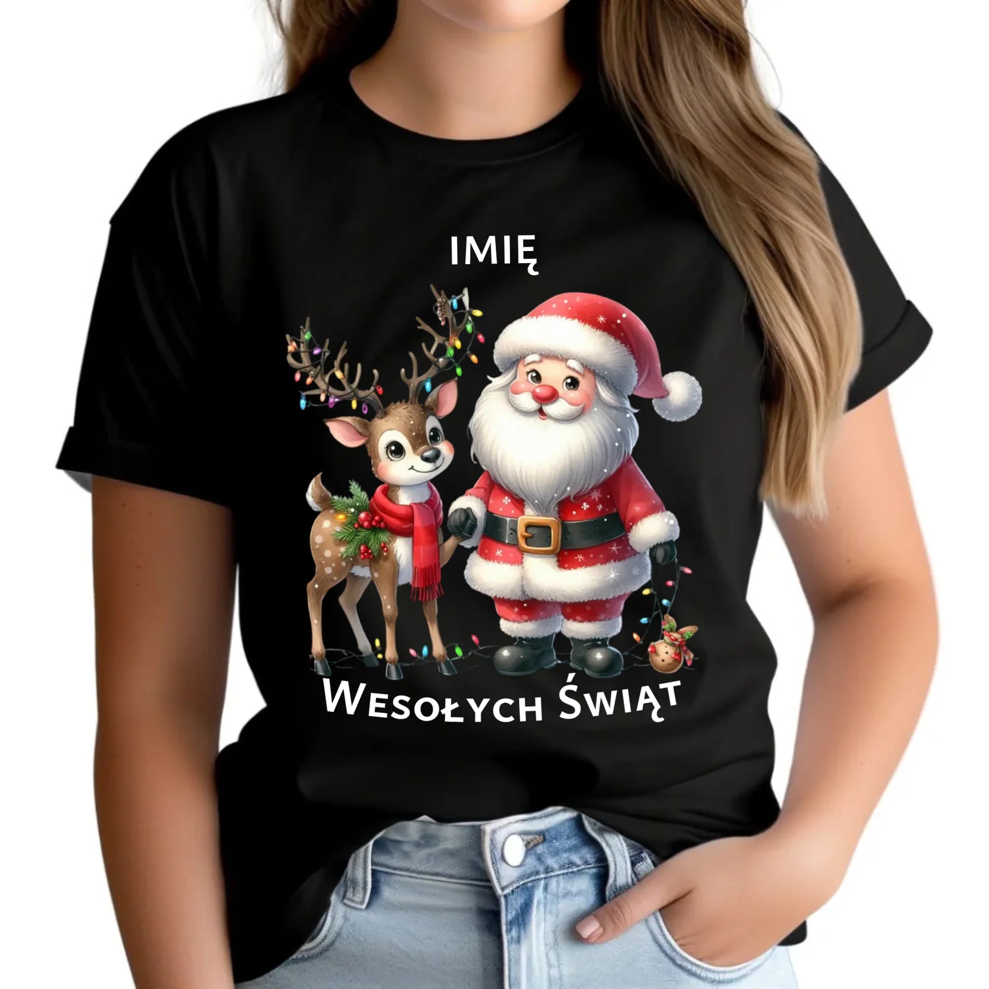 Koszulka damska świąteczna - Mikołaj z reniferem - personalizowana BN09 - StoryCups.pl