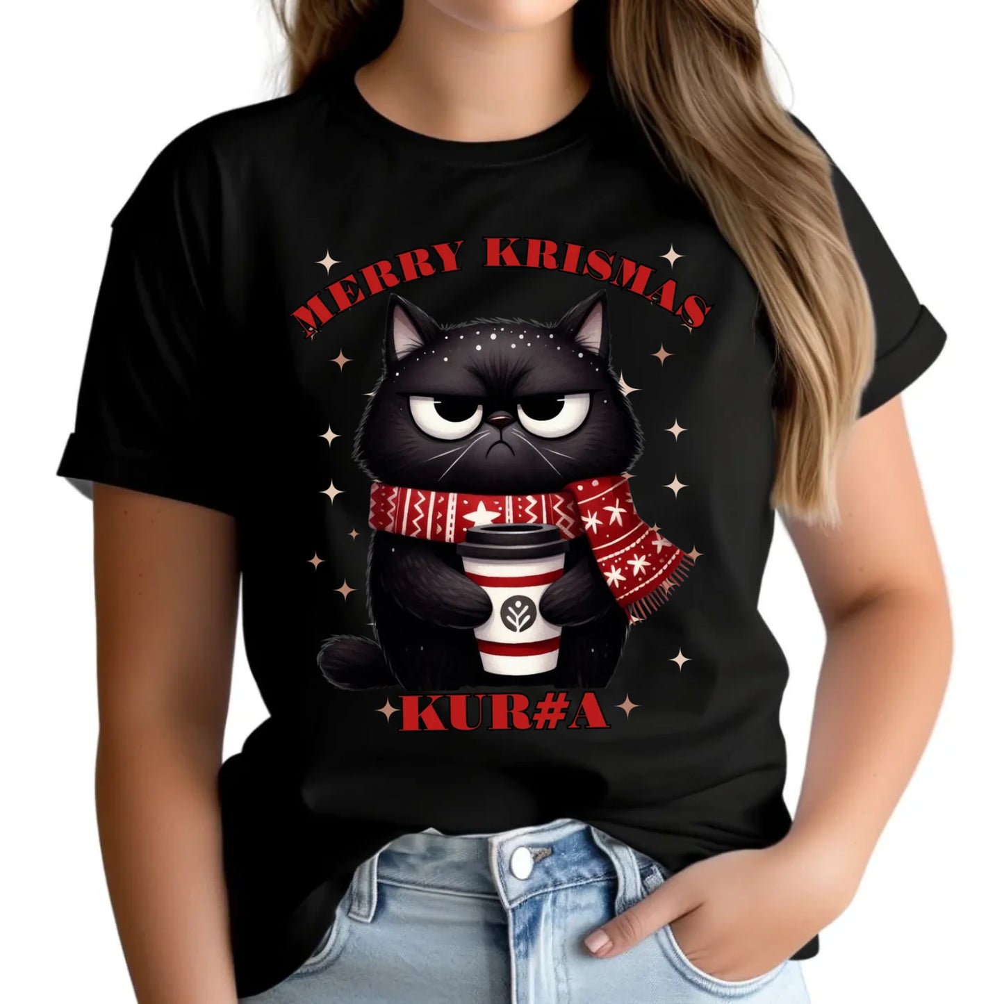 Koszulka damska świąteczna - Zburczany kot Merry Krismas kur#a - bez cenzury BN34 - StoryCups.pl