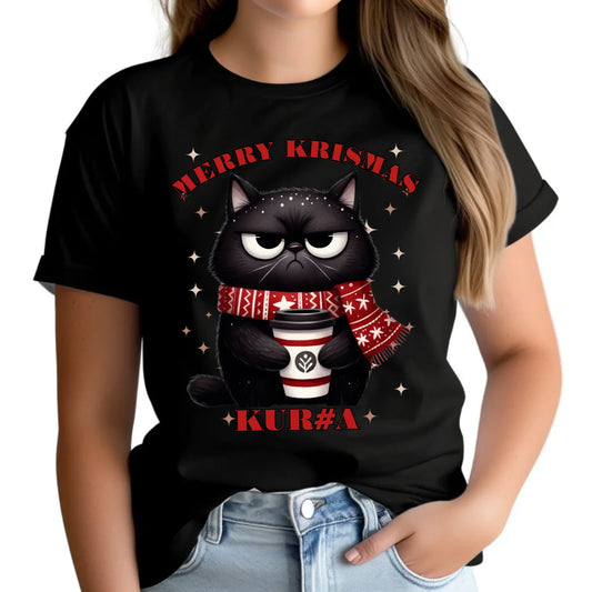 Koszulka damska świąteczna - Zburczany kot Merry Krismas kur#a - bez cenzury BN34 - StoryCups.pl