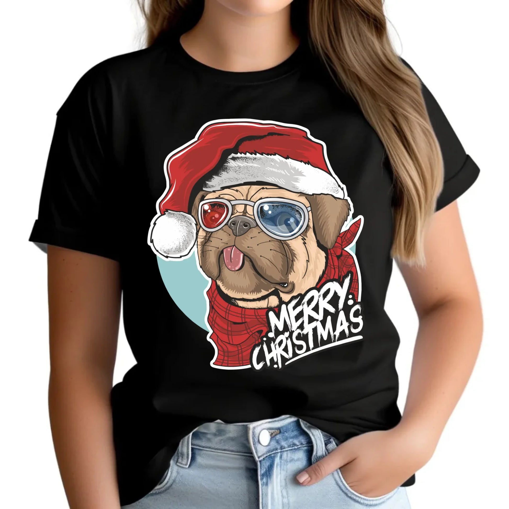 Koszulka damska świąteczna - Mops Merry Christmas BN62 - StoryCups.pl